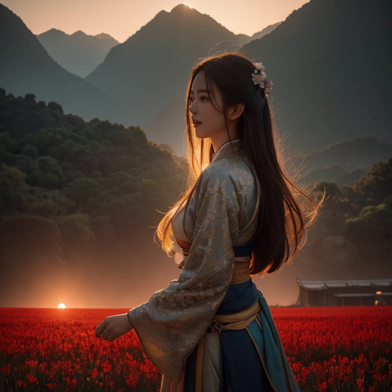 A girl with a half-covered mask stands on a flower field and looks up,, exquisite background, distant mountains, Tree BREAK making art, (Warm light source: 1.2), intricate details, Volumetric lightingBREAK (masterpiece: 1.2), (best quality), 4K, super detailed, (dynamic composition: 1.4), Rich in details, (luminescent, mood lighting), (alone: 1.2), Especially many details, fine hair, messy hair, Smile, Sunset, hanfu, antique style,