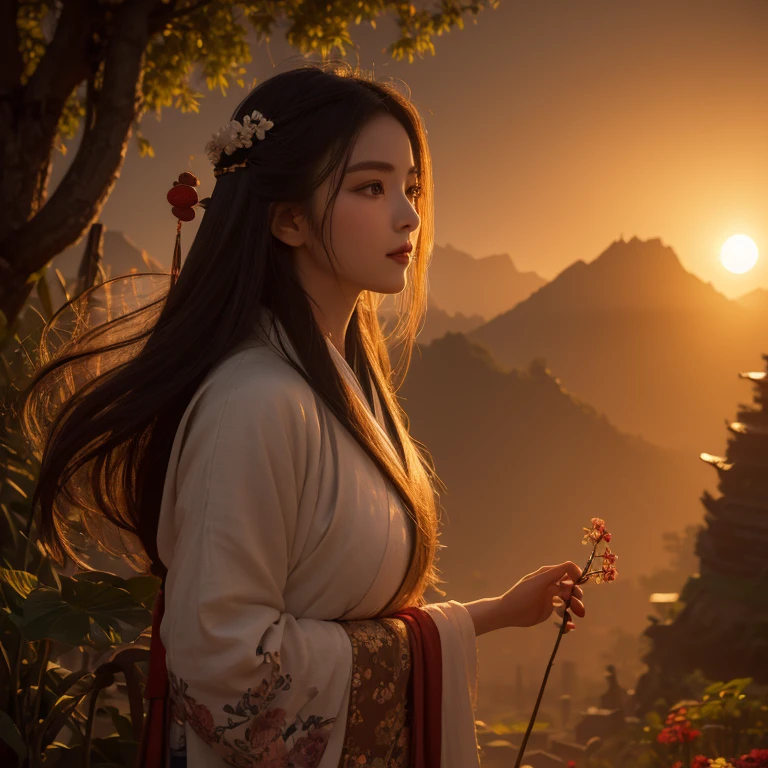 A girl with a half-covered mask stands on a flower field and looks up,, exquisite background, distant mountains, Tree BREAK making art, (Warm light source: 1.2), intricate details, Volumetric lightingBREAK (masterpiece: 1.2), (best quality), 4K, super detailed, (dynamic composition: 1.4), Rich in details, (luminescent, mood lighting), (alone: 1.2), Especially many details, fine hair, messy hair, Smile, Sunset, hanfu, antique style,