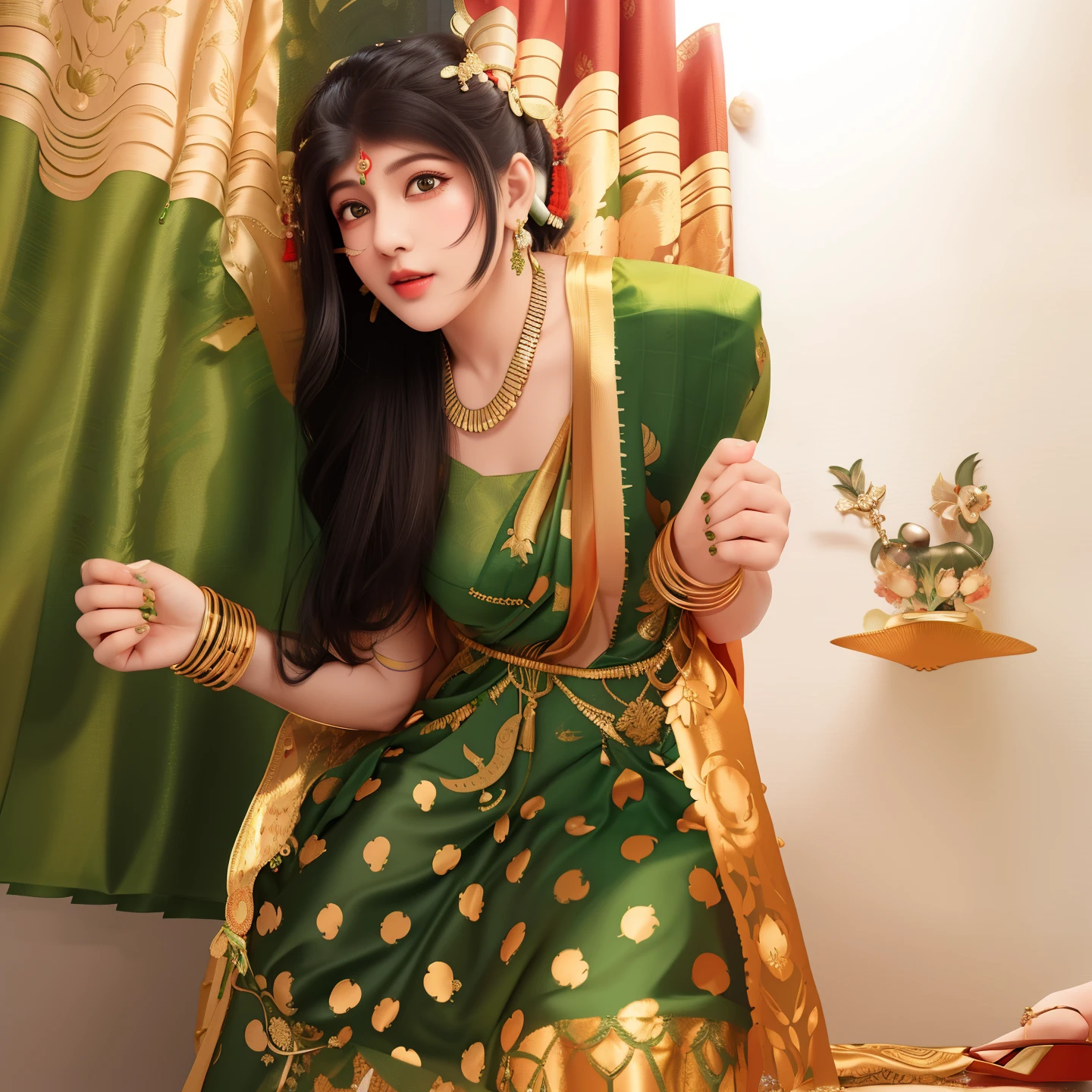 there is a woman in a green dress holding a toothbrush, wearing bihu dress mekhela sador, wearing sari, dressed in a sari, assamese aesthetic, traditional beauty, wearing a sari, indian goddess, posing!!, posing, cute beautiful, expressive and dreadfull, with lovely look, beautiful cute, very beautiful girl, indian, assamese