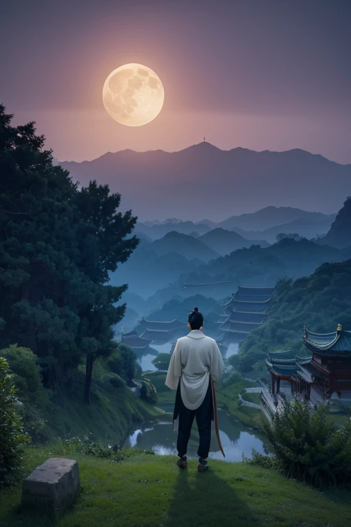 surreal style，big scene，the ancients，scholar，Song dynasty，back view，Sense of distance，moon
