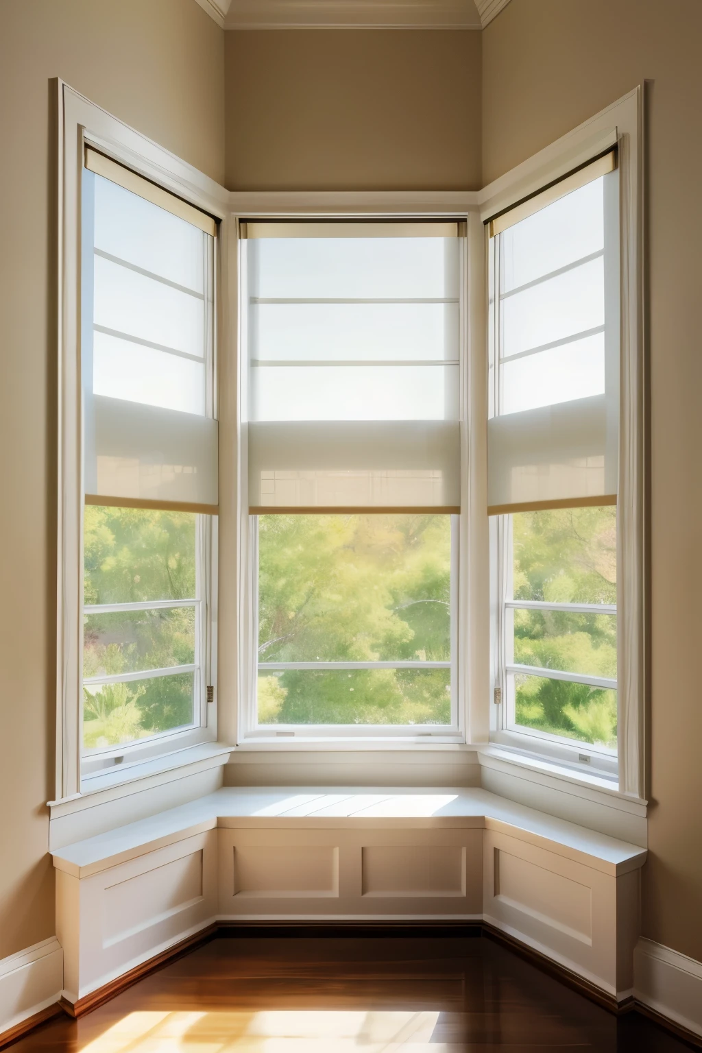 A stunning image captures a moment by the stair case with a floor-to-ceiling window. White roller shades add a decorative touch, softening the natural light that filters in. The photographic composition is ultra detailed, showcasing every intricate line and texture. The window frames the scene perfectly, with the sun casting a warm, golden glow. The crisp, clear image highlights the subtle play of light and shadow on the window sills and the smooth, cool glass. The intricacies of the window design, from the delicate patterns on the shades to the slight imperfections in the glass, are brought to life in exquisite detail. Such an image is a true testament to the art of