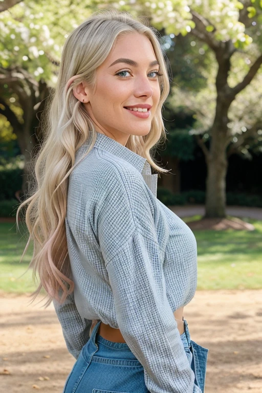 Kira Hope with long platinum blond hair and blue eyes, thick eyebrows, big width lips, laughing at her friend, in the style of precisionist, wavy, textural layering, light amber and pink, olive cotton, flattering realistic lighting, effortlessly chic, in a realistic park, looking away to the right, photo from the back
