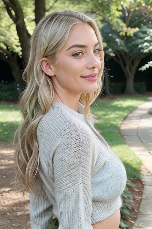 Kira Hope with long platinum blond hair and blue eyes, thick eyebrows, big width lips, laughing at her friend, in the style of precisionist, wavy, textural layering, light amber and pink, olive cotton, flattering realistic lighting, effortlessly chic, in a realistic park, looking away to the right, photo from the back