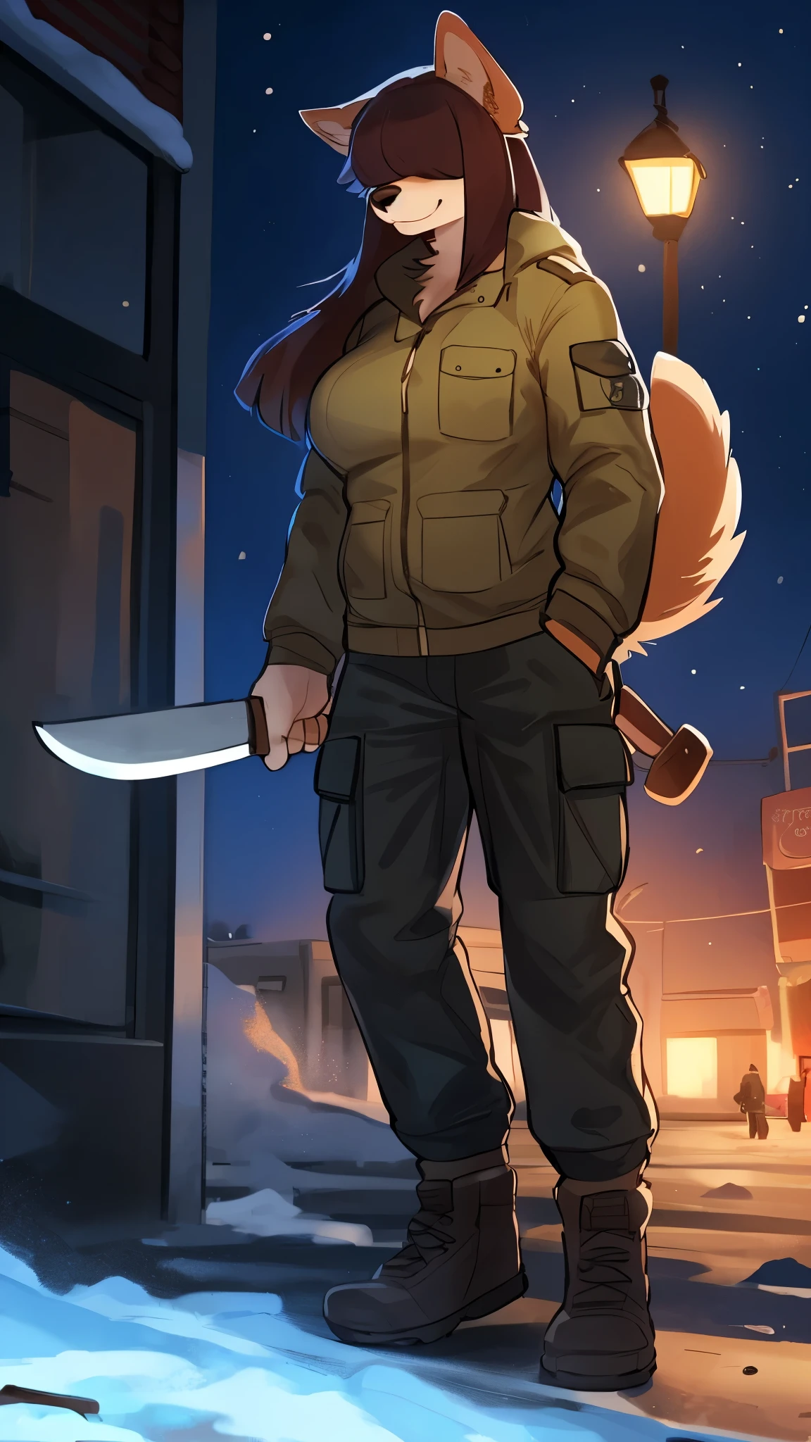By bebebebebe, by lostgoose, by goonie-san, female, ((canine, snout, hair covering eyes, straight hair, medium hair, flat hair, ears, thin snout)), brown fur, (big poofy tail, raised tail), dark maroon hair, (muscular), big breasts, solo, destroyed grocery store, zombie apocalypse, winter jacket, cargo pants, ((holding machete))