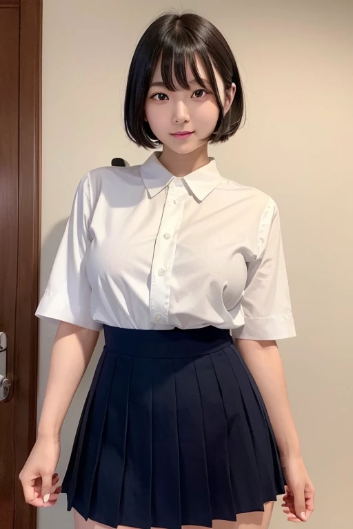 (very narrow eyes:1.1), frontal shot , From the middle , (black eye), (japanese woman), 1 girl, (small eyes:1.1), very beautiful 17 year old girl, beautiful breasts:1.5, semi short hair, (highly detailed eyes:1.2), (beautiful breasts:1.1), bangs, (thick legs, huge hips, thick thighs), (white teeth), perfect skin, Fair skin, tight waist, light blush, alone, looking at the viewer, light smile, (white shirt, crew , dark blue pleated skirt:1.2)