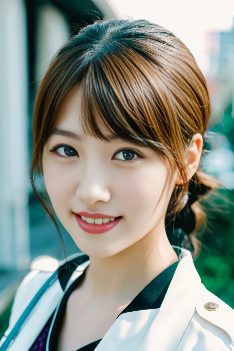 8K, (super detailed eye:1.1), From before, top view, super detailed, Very detailed CG, (masterpiece:1.1), (highest quality:1.4), Very detailed CG, (Post-processing:1.4), (Extreme, fine and beautiful:1.3), (soft illumination:1.0), (soft color:1.0), (soft volumetric lighting:1.1), (soft shadows), 1女of子, blurry, blurry_background, blurry_Qianfang, Braid, Brown_hair, closed_eye, with collar_shirt, depth_of_field, hair_that&#39;s all_shoulder, hair_Scrunchie, Jacket, length_hair, Scrunchie, Sengawa_chihiro, shirt, short_dispel, single_Braid, smile 