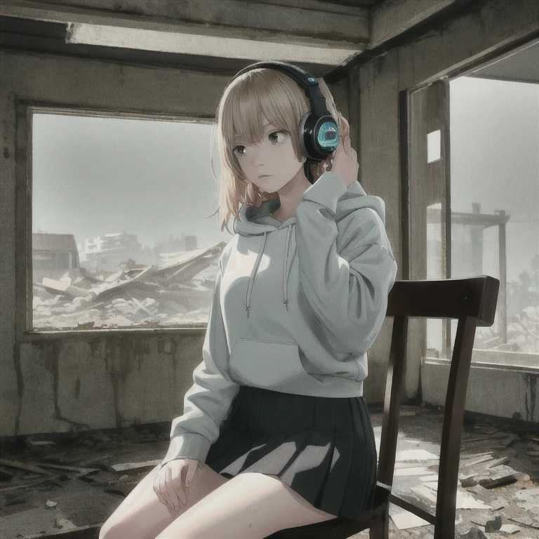 masterpiece, one girl, alone, incredibly absurd, hoodie, headphones, rain, neon,Future Soul Arts, Dirty woman sitting on chair in dilapidated house, wet and messy hair above the eyes,pleated skirt. vixip, Close-up scenery, hurt. hand drawn, cinematic lighting, very detailed. white, Brown, red. perfect composition, masterpiece, highest quality, 4K, sharp focus. perfect anatomy.