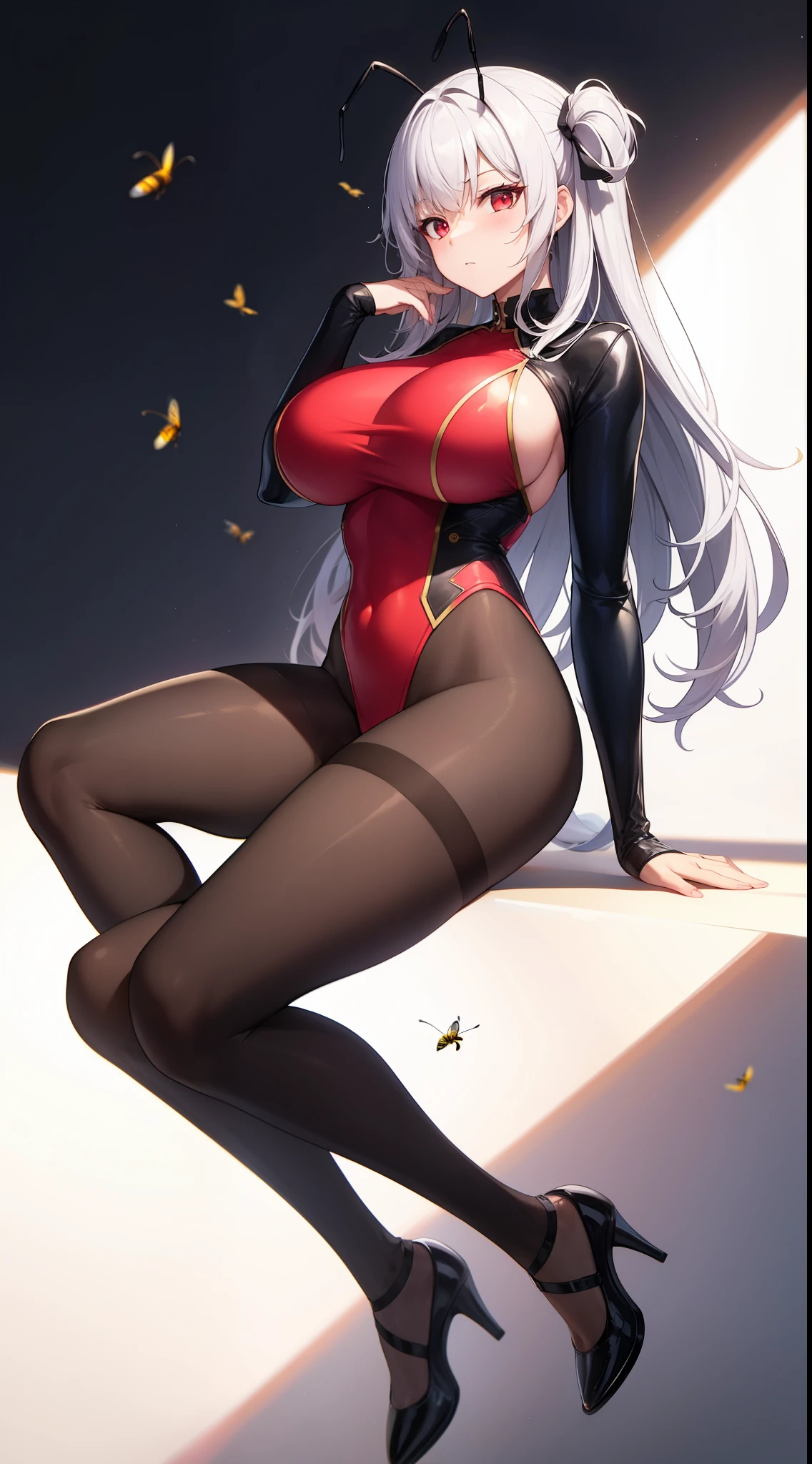 bee insect woman, slim body, huge breasts, long legs, antennae, black pantyhose, stinger, red eyes, long white hair, 8k, hd, masterpiece, full body, totally white background