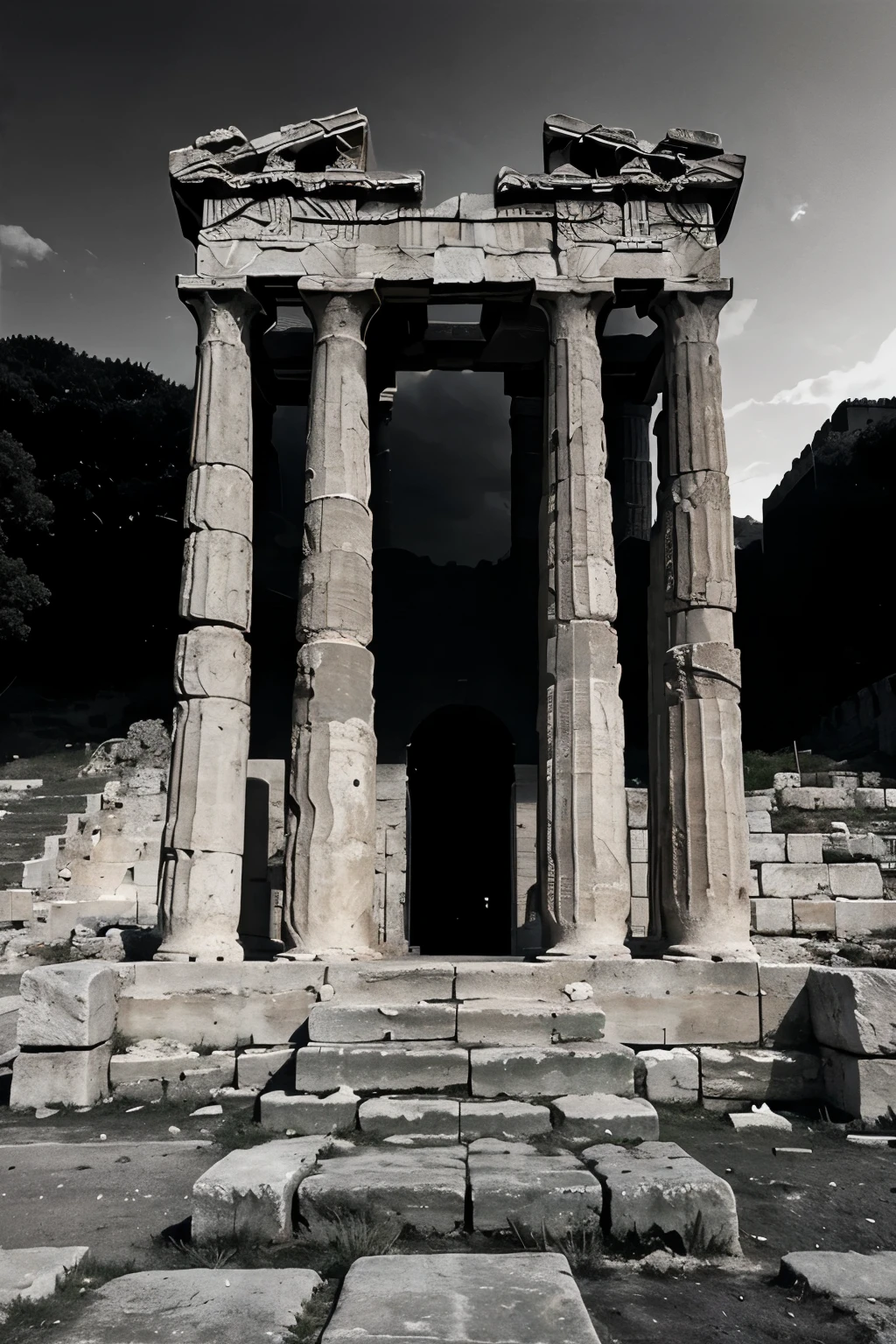 A dark landscape image of an ancient Greek society deeply connected to stoicism, black and white, ancient Greek architecture