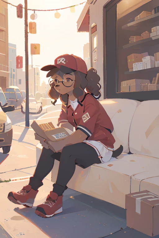 1girl, furry, anthro, canine, dog, poodle, female, dog_ears, sitting_on_couch, couch, kneeling, curly_hair, black_fur, brown_fur glasses, pushing handtruck full of boxes, delivery_driver, baseball_cap ponytail, walking on sidewalk, delivering package, tired, red_uniform