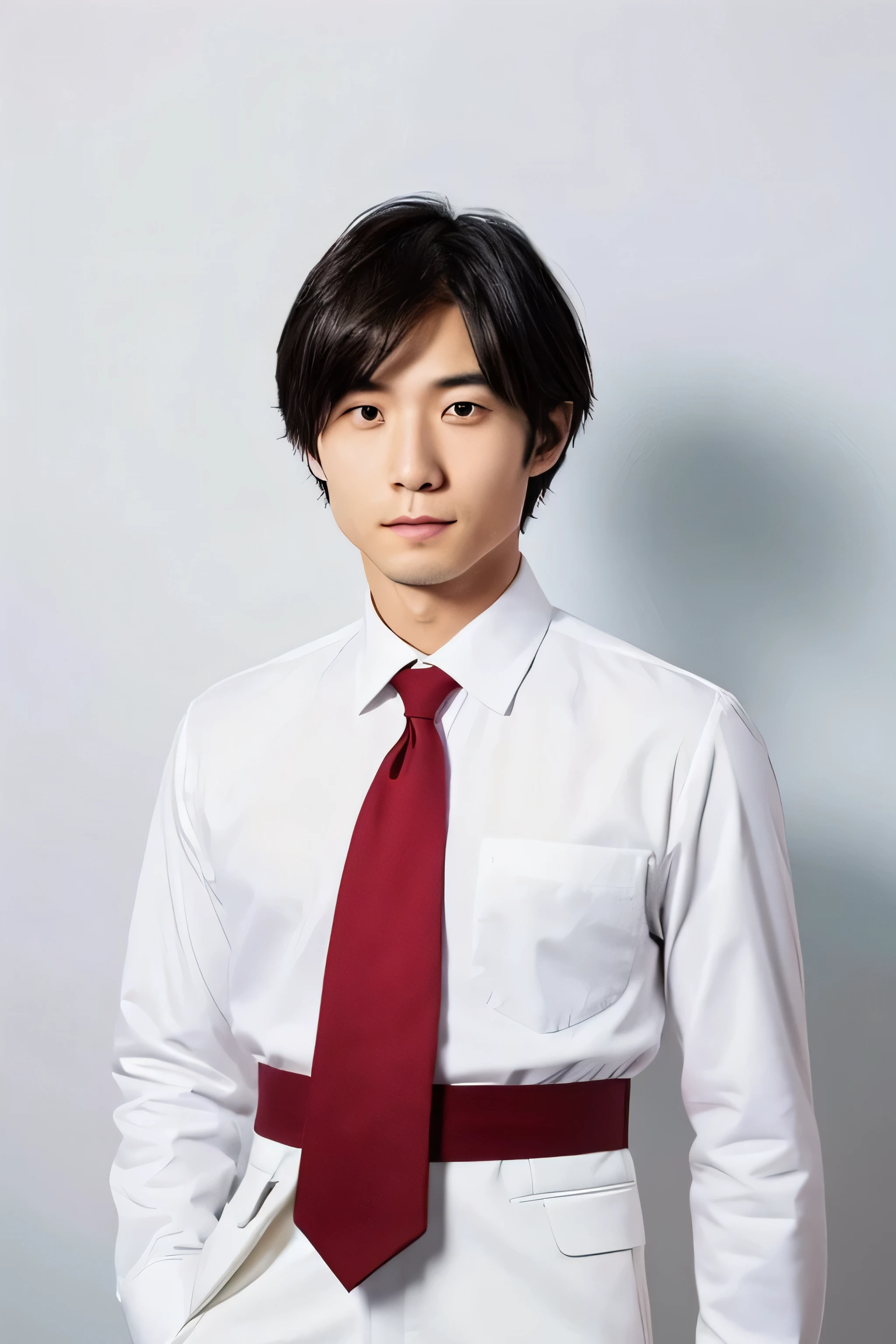 A serious-looking Japanese man in his 30s with short hair.. Just a little smile Navy suit, White shirt and red tie The background is pure white above the waist
