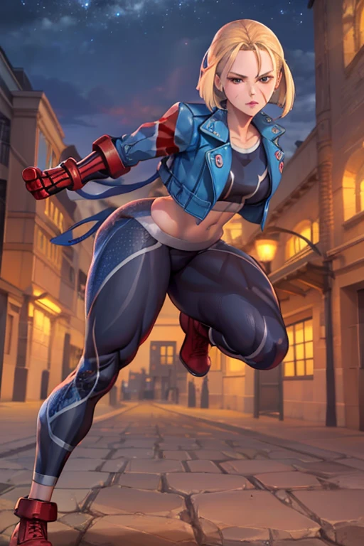 Cammy SF, pants, pants, Jacket, often play sports, short hair, highest quality, masterpiece, High resolution,view audience,glare,Street at night,Wound on the left cheek,combat readiness,blue aura