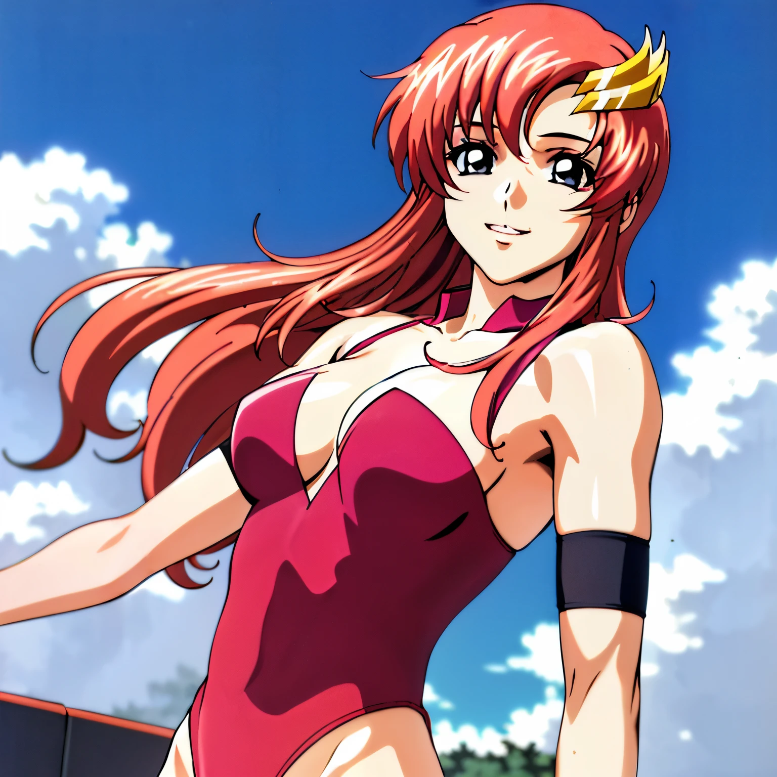 (masterpiece, upper body view, crimson strapless leotard, (slim shoulders), leaning back, 4K, Best Quality, Anime style: 1.9, happy, Adult Woman, ultra detailed face, (cloud background, white skin), Drawing lines, high resolution, Anime, lacus4), 1girl, Solo, curvy figure, Long hair, 鎖骨, scapular, (Detailed wide hair bangs, Hair Ornament, Detailed reddish-pink hair, shiny streaks, slim arms, golden crest), cleavage, large hands, (female wrestler). (Big blue eyes, shiny eyes), ((female wrestler, (slim body), little biceps, slim arms, closed fists, thighs)), ((perfect proportions, medium breasts, long belly)), (((strapless, crimson strapless leotard, crimson strapless leotard, arm band))), happy, smile, (standing, looking at the viewer), detailed fingers, (bare shoulders)
