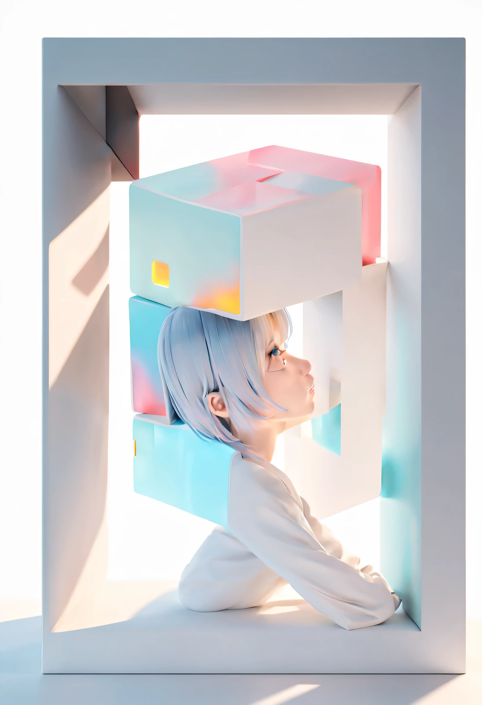 Cube-faced girl with light blue hair side view ,Development Square, side view only hair 3d render