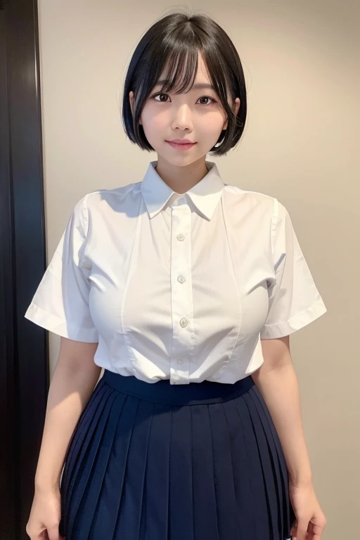 (narrow eyes:1.1), frontal shot , From the middle , (black eye), (japanese woman), 1 girl, (small eyes:1.1), very beautiful 17 year old girl, beautiful breasts:1.5, semi short hair, (highly detailed eyes:1.2), (beautiful breasts:1.1), bangs, (thick legs, huge hips, thick thighs), (white teeth), perfect skin, Fair skin, tight waist, light blush, alone, looking at the viewer, light smile, (white shirt, crew , dark blue pleated skirt:1.2)