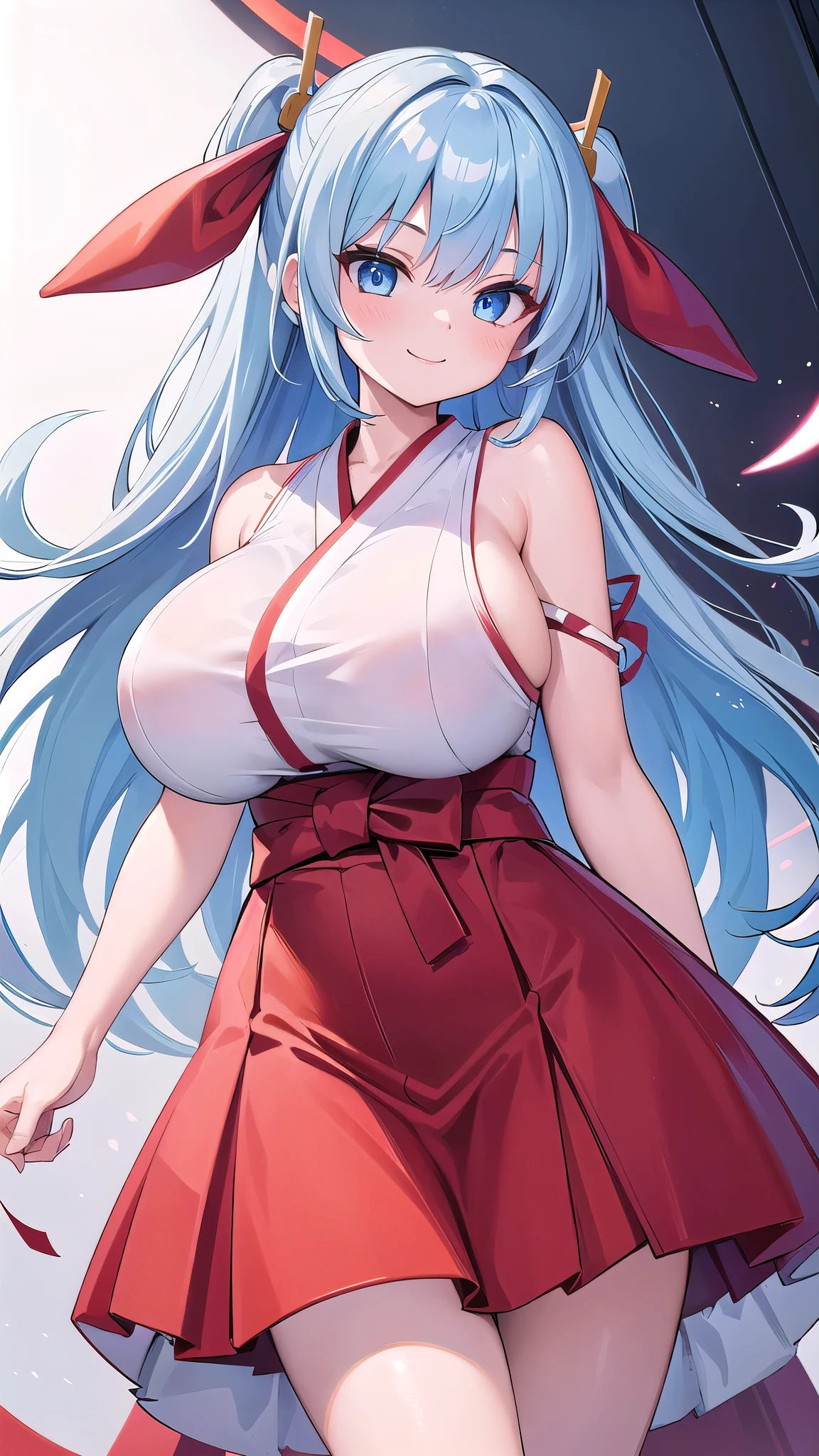 1 girl, game cg, red and white miko, shoulders visible, short hakama skirt , ((gigantic breasts)), light blue hair, middle hair, two side up, blue eyes, standing, smiling, dynamic, white background,