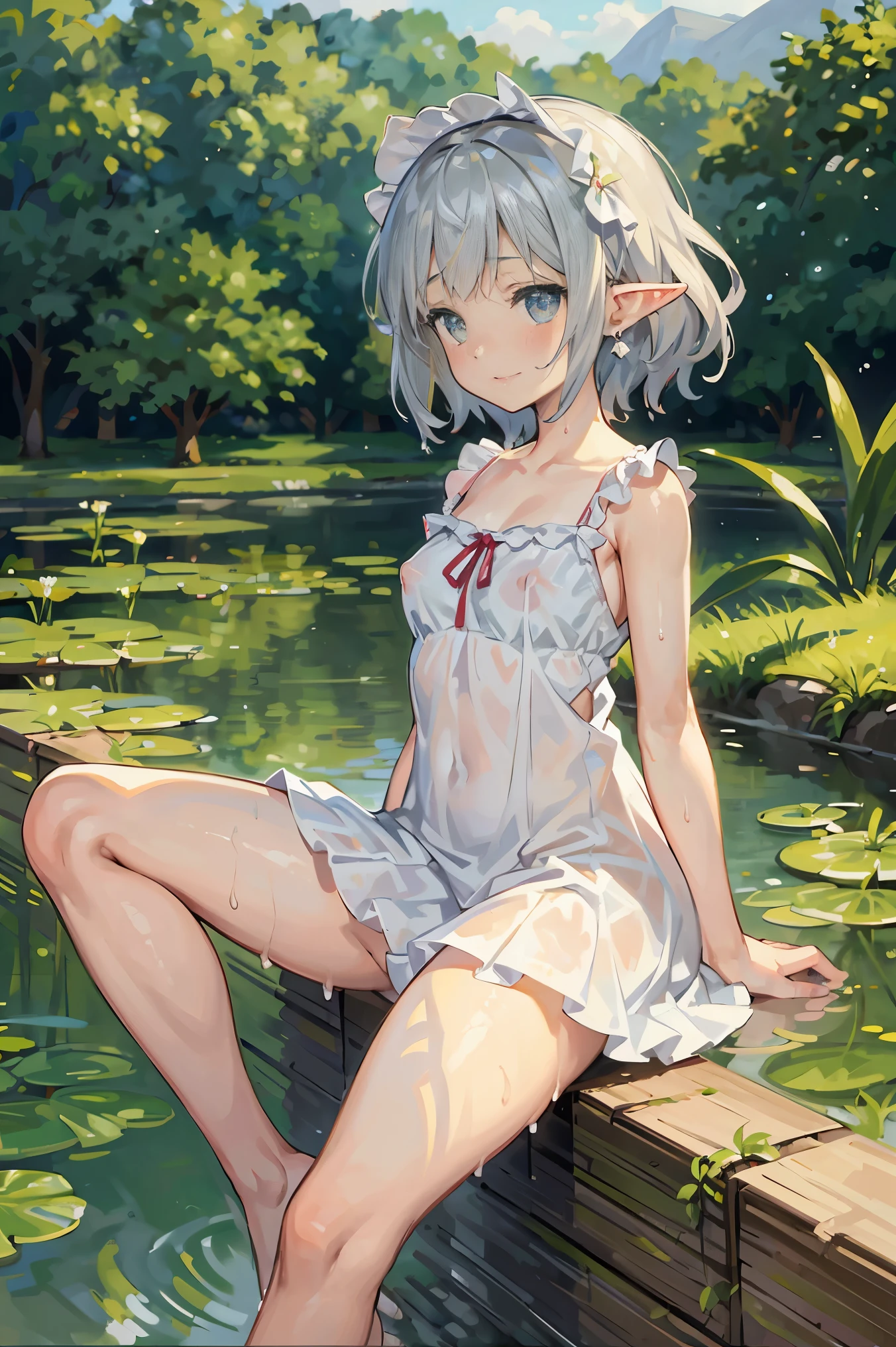 In Claude Monet style, Impressionism, 1girl, upper body focus, (white camisole dress), 14 year old, full body Esbian, short silver hair, pond, wet, ((curtsey)), elf ear, nipples through, see-through, puffy nipples, bare breasts, {{{vulgarity}}}, breast focus, bare pussy, spread legs