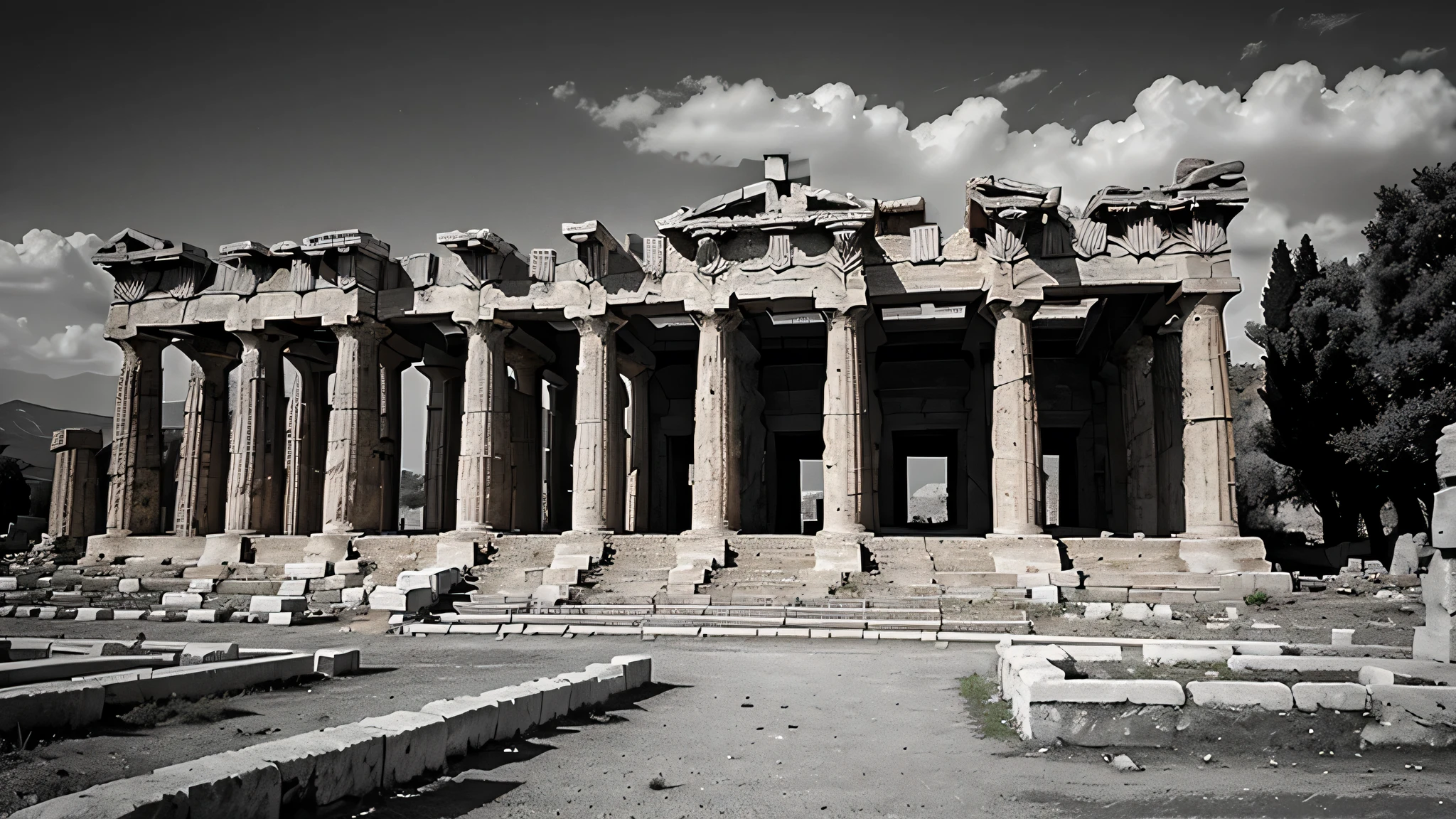 A dark landscape image of an ancient Greek society deeply connected to stoicism, black and white, ancient Greek architecture