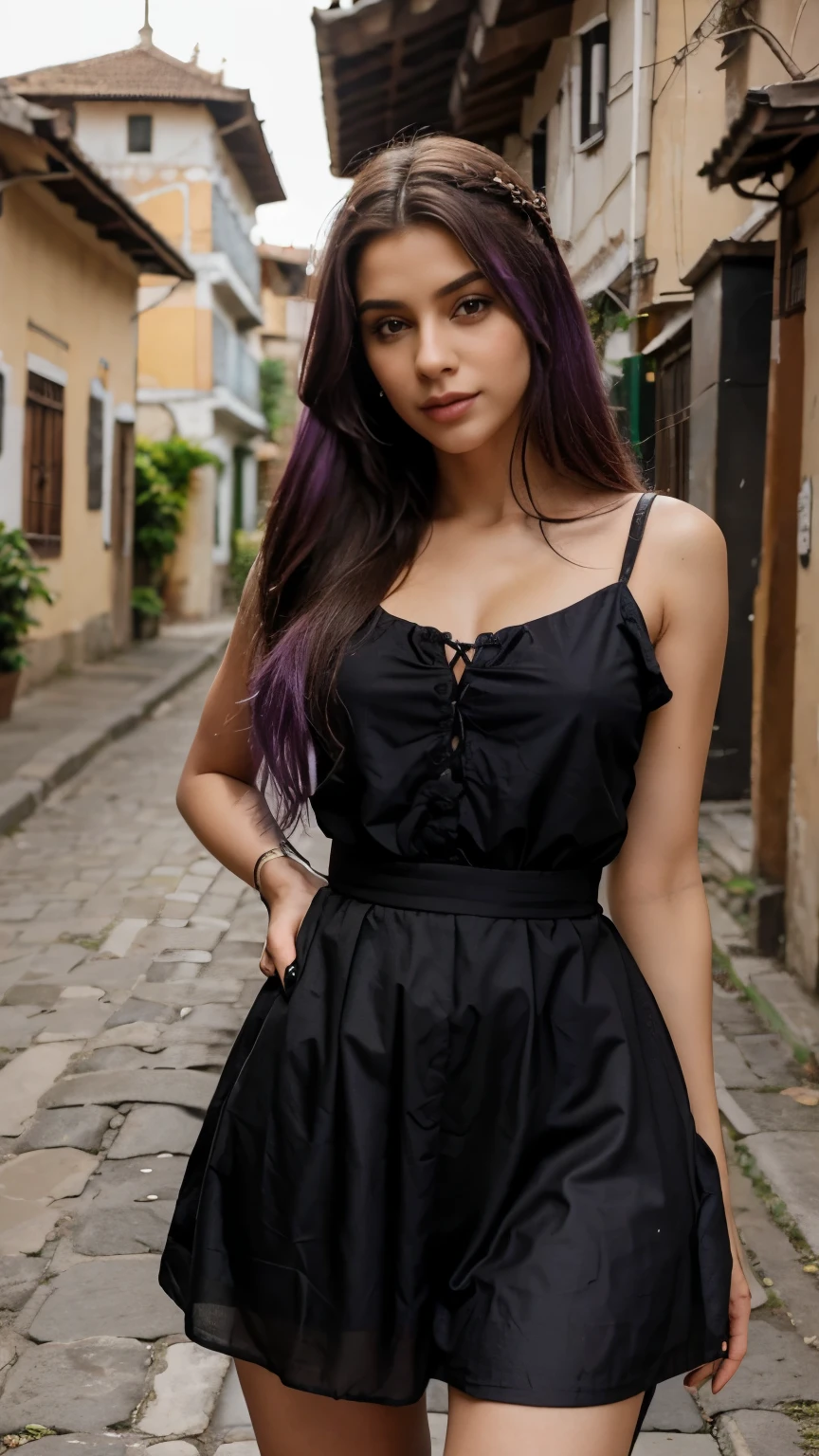 Mulher bonita, mulher jovem, 22 anos, Cabelo absurdamente longos, cabelo pintado todo de roxo, com um vestido longo de cor preto, roupa de casamento preto, mulher gotica, background on an old street from the 18th century, ambiente nublado, apaixonada, realista.