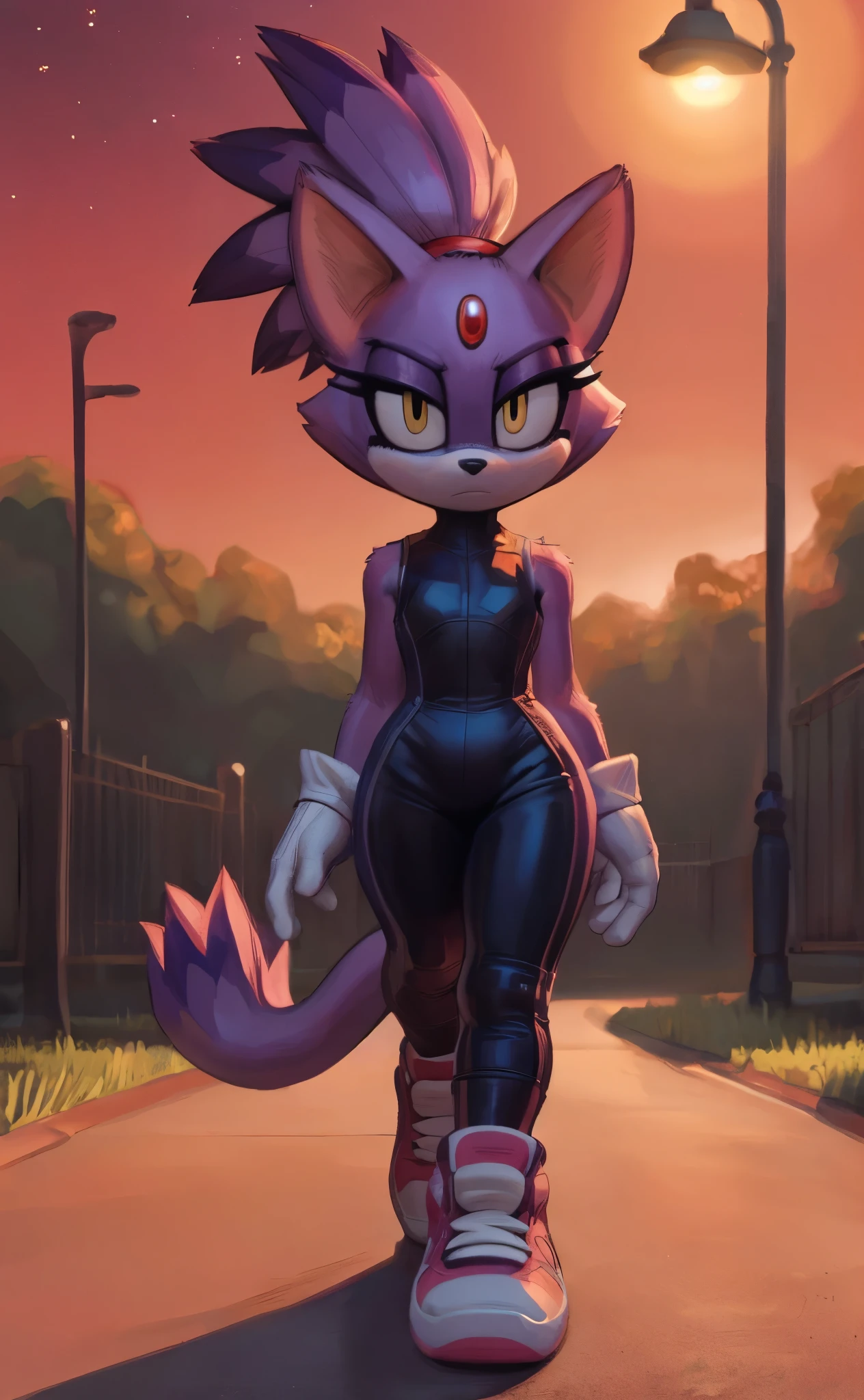 [Blaze the cat], [Uploaded to e621.net; (Pixelsketcher), (wamudraws)], ((masterpiece)), ((HD)), ((High res)), ((furry)), ((solo portrait)), ((front view)), ((full body)), ((feet visible)), ((detailed fur)), ((detailed shading)), ((cel shading)), ((beautiful render art)), ((intricate details)), {anthro, purple fur, black nose, cat ears, (cute yellow eyes), (red gem on forehead), long tail, (tied-up hair), (curvy hips), (beautiful legs), (expressionless)}, {(tight sleeveless black yoga bodysuit), (white gloves), (red-pink sneakers)}, {(walking), (crossed legs), (looking at viewer)}, [background; (park), (grass plains), (street lights), (sunrise), (sun rays), (starry sky), (ambient lighting)]