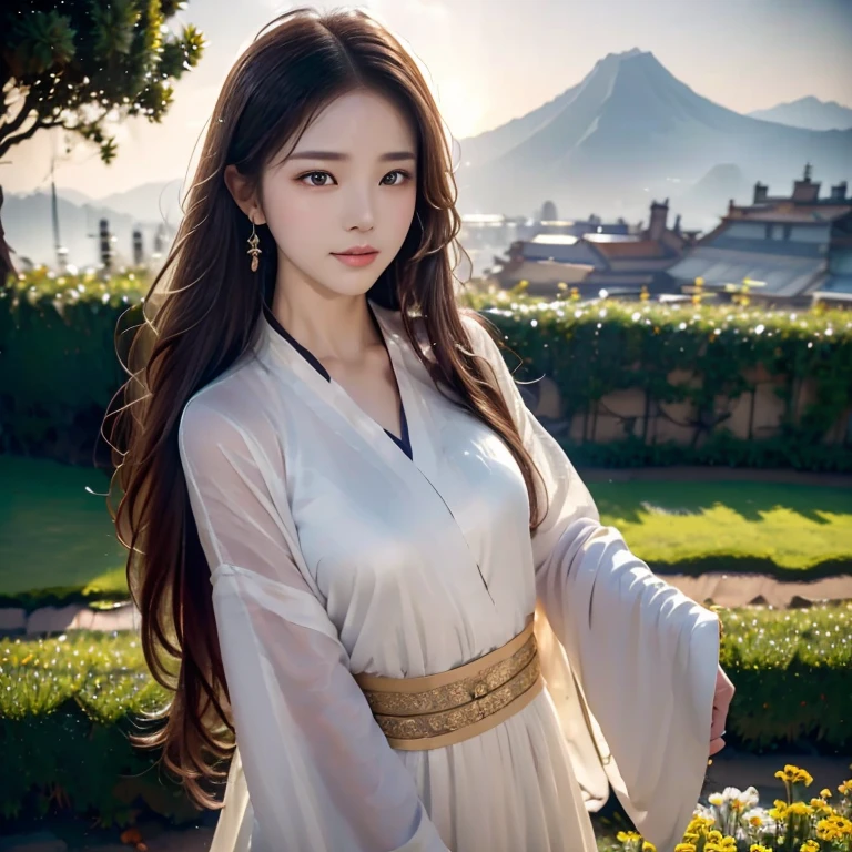A girl with a half-covered mask stands on a flower field and looks up,, exquisite background, distant mountains, Tree BREAK making art, (Warm light source: 1.2), intricate details, Volumetric lightingBREAK (masterpiece: 1.2), (best quality), 4K, super detailed, (dynamic composition: 1.4), Rich in details, (luminescent, mood lighting), (alone: 1.2), Especially many details, fine hair, messy hair, Smile, Sunset, hanfu, antique style,