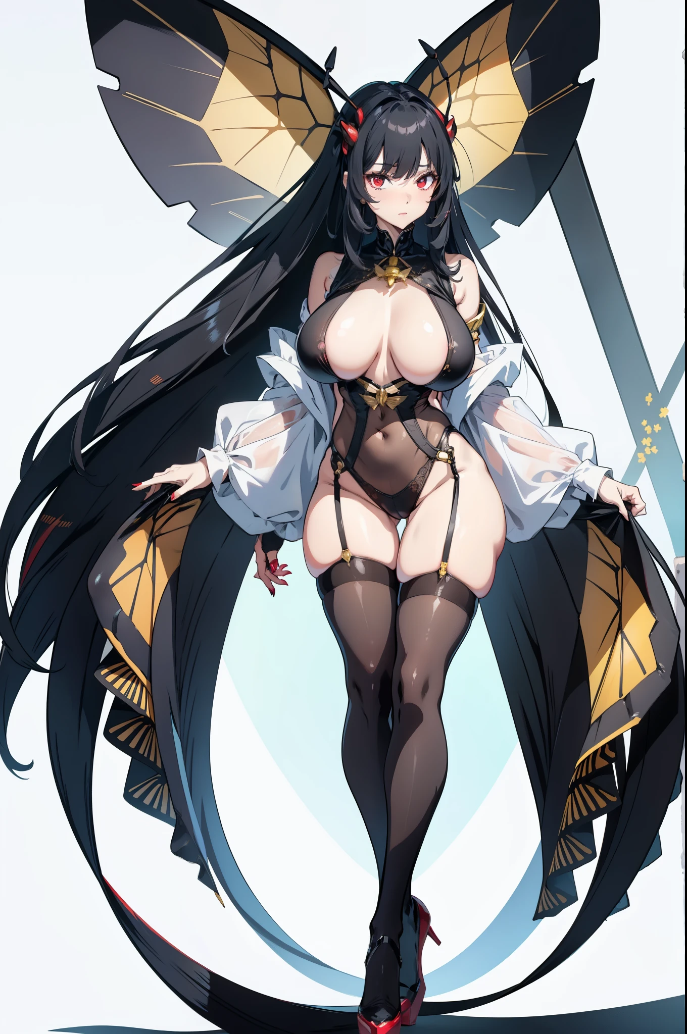 bee insect woman, slim body, huge breasts, long legs, antennae, black pantyhose, stinger, red eyes, long white hair, 8k, hd, masterpiece, full body, totally white background