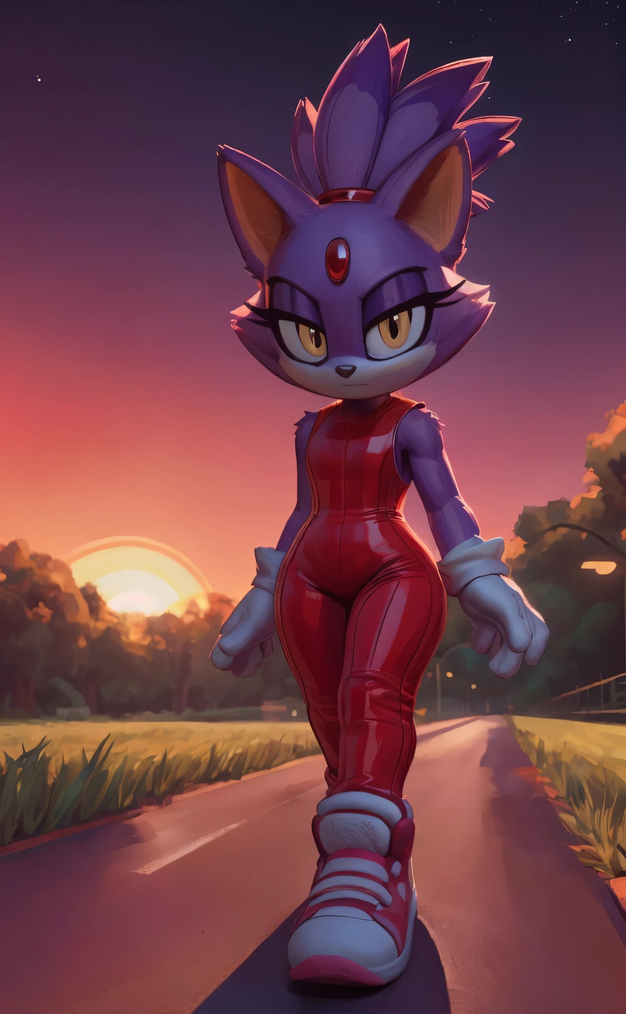 [Blaze the cat], [Uploaded to e621.net; (Pixelsketcher), (wamudraws)], ((masterpiece)), ((HD)), ((High res)), ((furry)), ((solo portrait)), ((front view)), ((full body)), ((feet visible)), ((detailed fur)), ((detailed shading)), ((cel shading)), ((beautiful render art)), ((intricate details)), {anthro, purple fur, black nose, cat ears, (cute yellow eyes), (red gem on forehead), long tail, (tied-up hair), (curvy hips), (beautiful legs), (expressionless)}, {(tight sleeveless red yoga bodysuit), (white gloves), (red-pink sneakers)}, {(walking), (crossed legs), (looking at viewer)}, [background; (park), (grass plains), (street lights), (sunrise), (sun rays), (starry sky), (ambient lighting)]