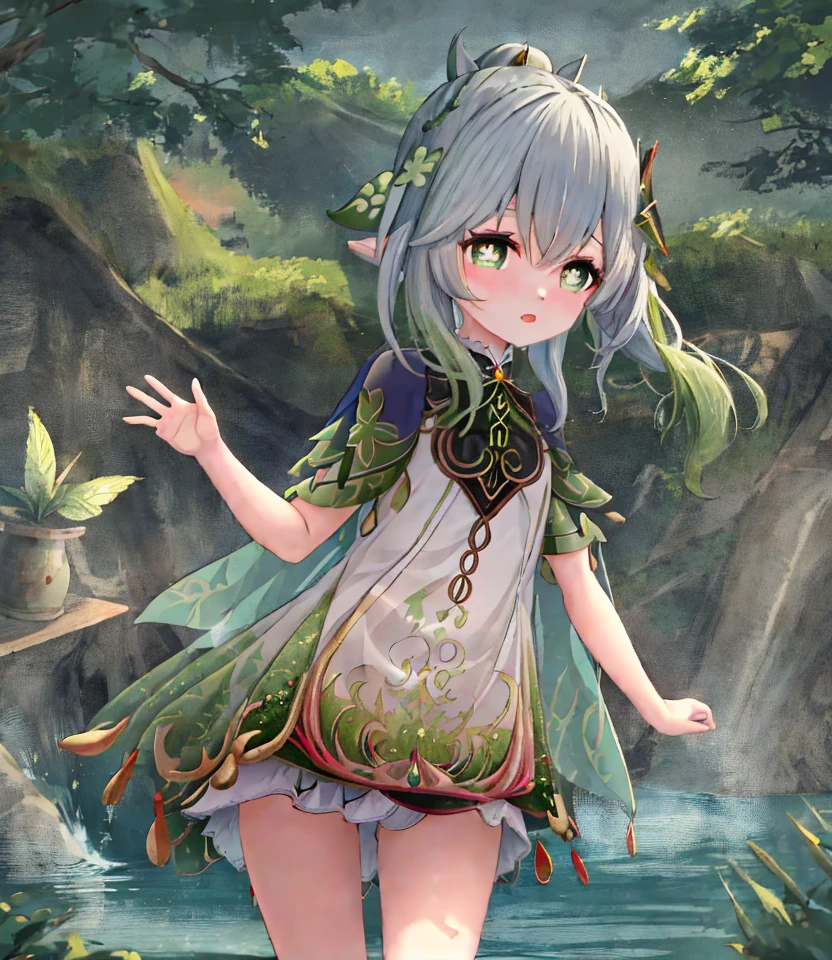 masterpiece, best quality, 1girl, solo, nahida_genshin, cross-shaped pupils, default_dress, green cape, standing  