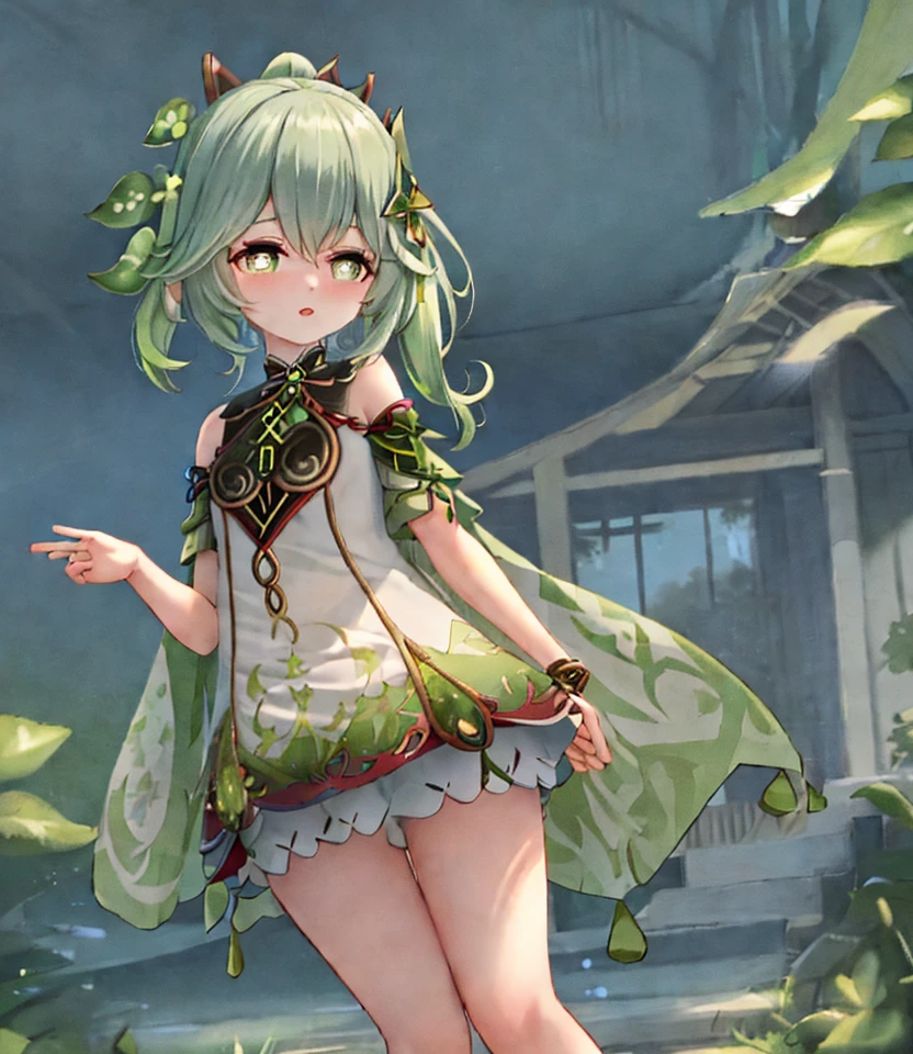 masterpiece, best quality, 1girl, solo, nahida_genshin, cross-shaped pupils, default_dress, green cape, standing