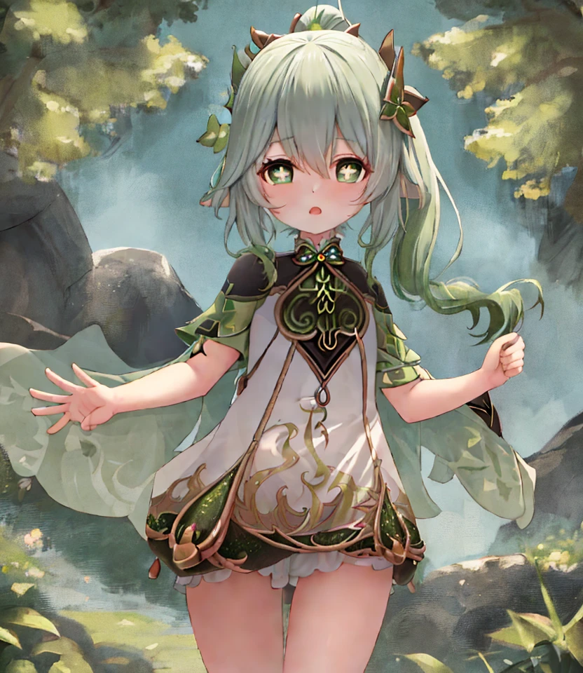 masterpiece, best quality, 1girl, solo, nahida_genshin, cross-shaped pupils, default_dress, green cape, standing  