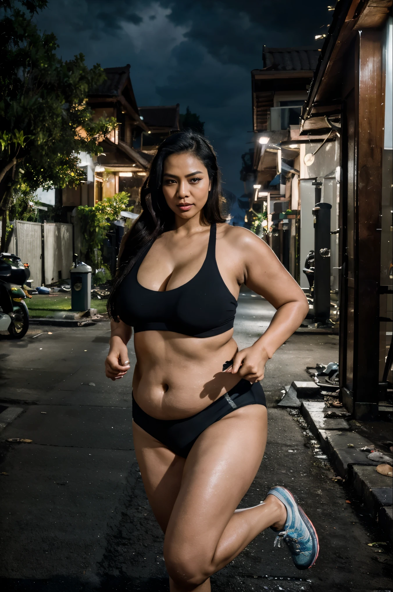 (Nighttime - dark sky - outside - quiet Indonesian neighborhood with lot of trees - near the housing complex security guard post:1.75), Chinese 45 yo fleshy Milf, (fair complexion:1.25), very beautiful, (micro-sportsbra:1.55), (micro-sportsthong:1.75), (massive breasts under the tanktop:1.45), (I have thick milf's arms:1.85), curvy - no muscles, fully clothed, (sneakers), (I'm jogging/running:1.5), (at evening night), ((Indonesian housing complex road at night - Indonesian lonely neighborhood)), (full-body - head to boot), anusha cleavage,, busty, voluptuous, thick, curvy model body, body dents, visible lips, plump, fleshy juicy hips, glossy sweaty skin, 🤬❤❤️‍🔥💦🍑, juicy lips, plump red lips, fantasy character art, absurdres, high res, ultrasharp, 8K, professional photograph, award-winning portrait, masterpiece, high detail full-body view, symmetrical, Nikon D850, 85mm lens, f/1.8, depth of field,  