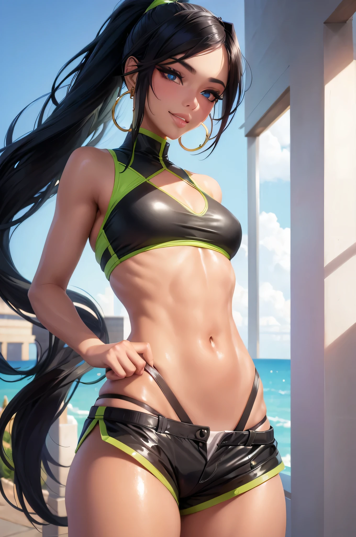1girl,a beautiful fashion model ,(masterpiece, detailed background, best quality), elegant makeup, hoop earrings, seductive smile, oral invitation, ear blush, full blush, 8k, super detail, ccurate, best quality, award winning, best quality, 1080P, 4K, textured skin, slutty outfit, abs, ((tan skin, shiny skin)), akali, long black hair, long ponytail, hair between eyes, blue eyes, girl wearing bikini top and shorts, visible thong straps slender, athletic, slim