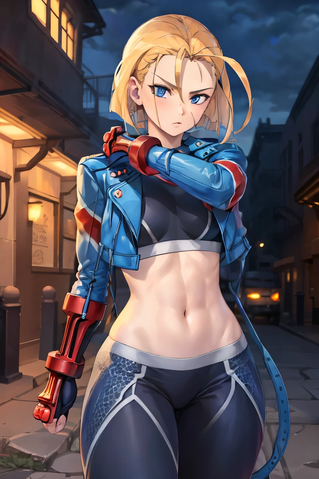 Cammy SF, pants, pants, Jacket, often play sports, short hair, highest quality, masterpiece, High resolution,view audience,glare,Street at night,Wound on the left cheek,combat readiness,blue aura