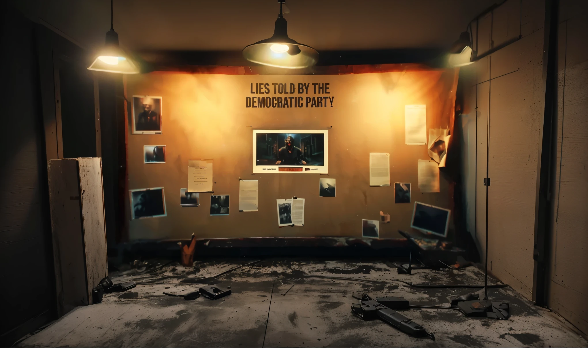 a dark room with a murder board on wall, serial killer board, murder wall, dim light, scary theme, dark room, wide picture, low bulb light environment