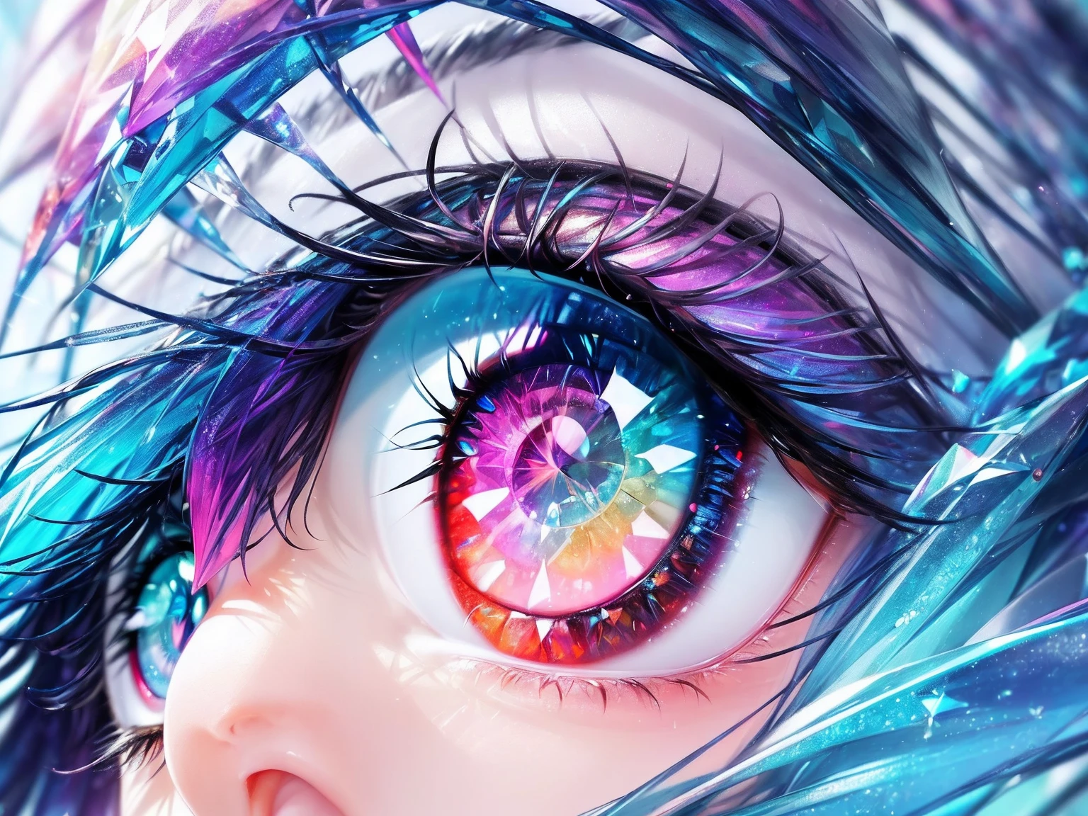 ((Beautiful colourful eye, multicolour eye, raw quality, sparkling eyes,)) ((long eyelashes)) ((crystal particle)) ((closeup portrait image)) ((half face)) ((crystal particle on cheek)) ((sharp image, ultra detaile image)) 