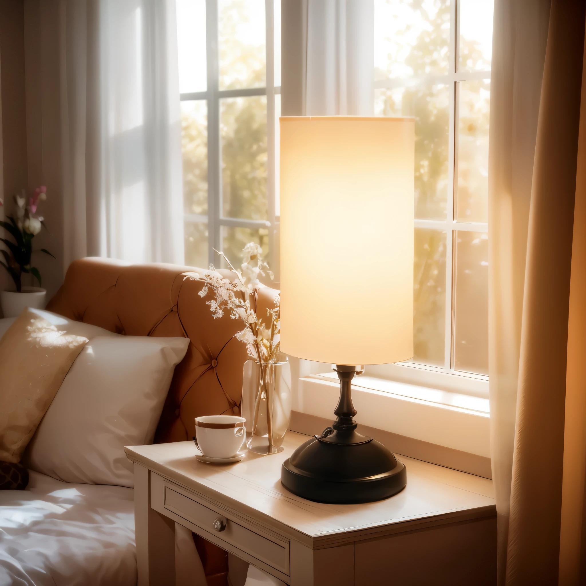 Real-world scenarios,Photographed,photography,There is a lamp on the table near the window, holding up a night lamp, beautiful smooth soft light, light lighting side view, Soft ambient lighting, best lighting, lamps, Bright ambient lighting, warm ambient light, dim ambient lighting, beautiful ambient light, ambient amber light, Extremely high quality lighting, Soft indoor lighting, soft warm light, desk lamp