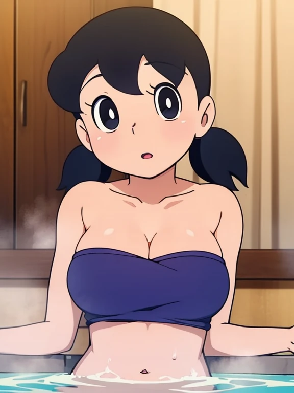 1girl, solo, slim, upper body, black hair, twintails, large breasts, short twintails, cleavage, towel, nude_cover, covering_privates, bathtub, (perfect detailed anatomy, beautiful face&eyes, perfect body)