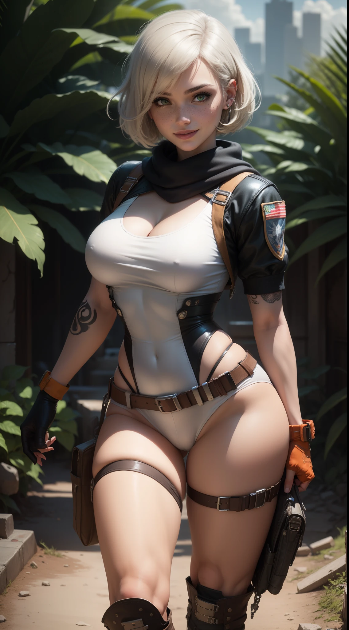 gwen tennyson,yorha 2b,lara croft,jill valentine,overwatch,tomb raider,close up, amazonian jungle ruins,tattoos,brown and orange plugsuit,white short sleeve military leotard,sleeveless military jacket,military shorts,military harness,short punk hair,punk makeup,green eyes,multicolored silver hair, military gloves,sexy smile,freckles,beautiful girl,tall military boots,large breasts,8k,ultra detailed,realistic,fantasy art,fighting pose, military uniform,hair pin,ear piercings,pilot scarf,(weather:windy),1girl,military gear,