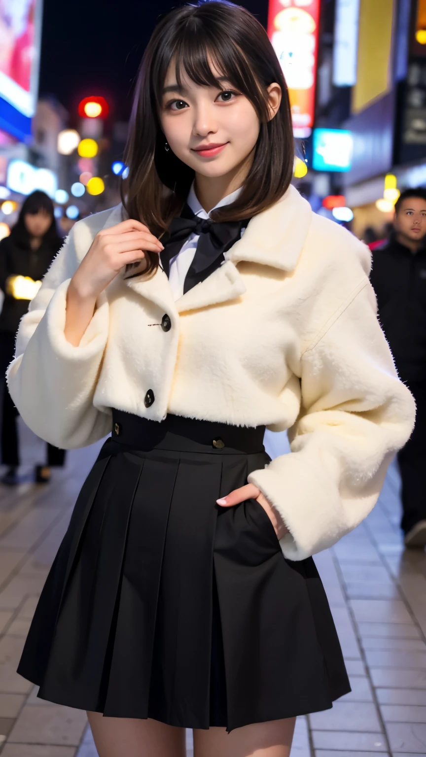 Best-quality, Masterpiece, Ultra-High-Resolution, (Photorealistic:1.4), Raw-Photo, Late at night, In the middle of winter, At Hiroshima's entertainment distric, 1girl, , the most famous Japanese idol, smoking a cigarette, wearing expensive-coat and pleated skirt, extremely beautiful black-short-cut-haired, extremely cute face like the most popular Japanese idol, ((extremely beautiful big-black-eyes)), extremely beautiful lips, extremely beautiful skins, extremely beautiful long-eyelashes, looking at viewer, innocent smile, detailed Hiroshima's-entertainment-district detailed expensive-coat, detailed pleated-skirt