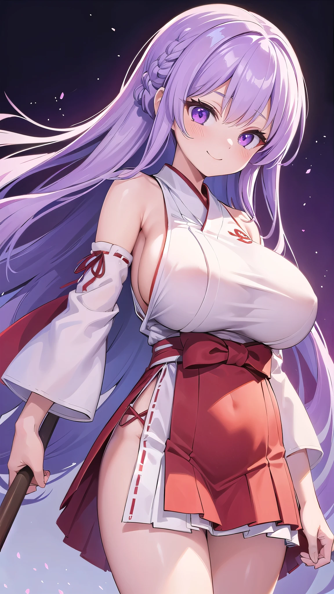 1 girl, game cg, red and white miko, shoulders visible, short hakama skirt , ((gigantic breasts)), light purple hair, long hair, french braid, purple eyes, standing, smiling, white background,