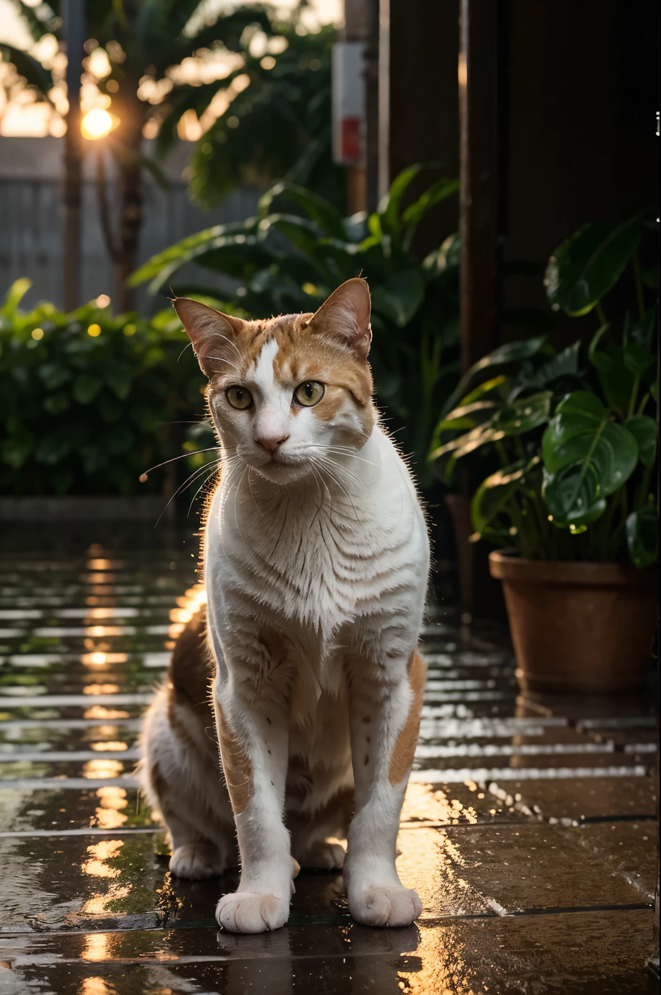 It's lightly raining, the evening sunset, clear raindrops, a stray cat that has been soaked standing in the corner looking at the camera, realistic photography, photo, photography, soft light,best quality,high quality,high detail,16k,HD, 1080P, high quality,detailed decoration, Crazy details,Ultra HD picture quality