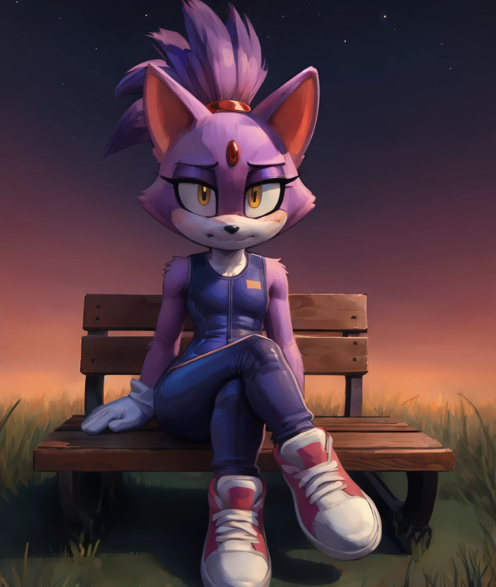 [Blaze the cat], [Uploaded to e621.net; (Pixelsketcher), (wamudraws)], ((masterpiece)), ((HD)), ((High res)), ((furry)), ((solo portrait)), ((front view)), ((full body)), ((feet visible)), ((detailed fur)), ((detailed shading)), ((cel shading)), ((beautiful render art)), ((intricate details)), {anthro, purple fur, black nose, cat ears, (cute yellow eyes), (red gem on forehead), long tail, (tied-up hair), (curvy hips), (beautiful legs), (sweating), (cute smirk), (embarrassed expression)}, {(tight sleeveless white yoga bodysuit), (white gloves), (red-pink sneakers)}, {(sitting on bench), (crossed legs), (looking at viewer)}, [background; (park), (grass plains), (street lights), (sunrise), (sun rays), (starry sky), (ambient lighting)]