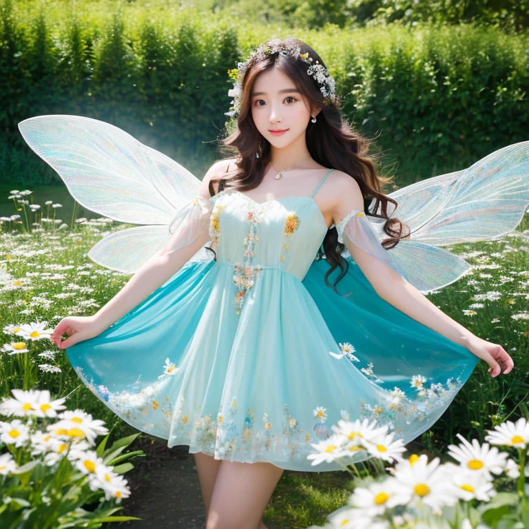 Hyper realism, HD, centered. Linear perspective. A dainty fairy with transparent shimmering wings. Long wild wavy hair. Fragile, alluring. A dress composed entirely of tiny iridescent mother of pearl coloured leaves. Flying amongst very pale yellow and white daisies, bluebells. Her transparent wings reflecting the colours of the flowers.