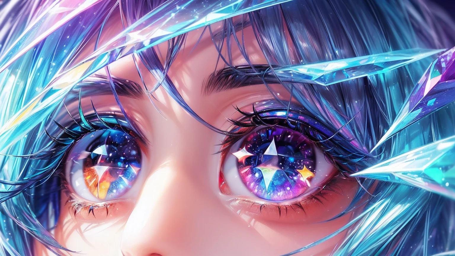 ((Beautiful colourful eye, multicolour eye, raw quality, sparkling eyes,)) ((long eyelashes)) ((crystal particle)) ((closeup portrait image)) ((half face)) ((front view)) ((crystal particle on cheek)) ((sharp image, ultra detaile image))
