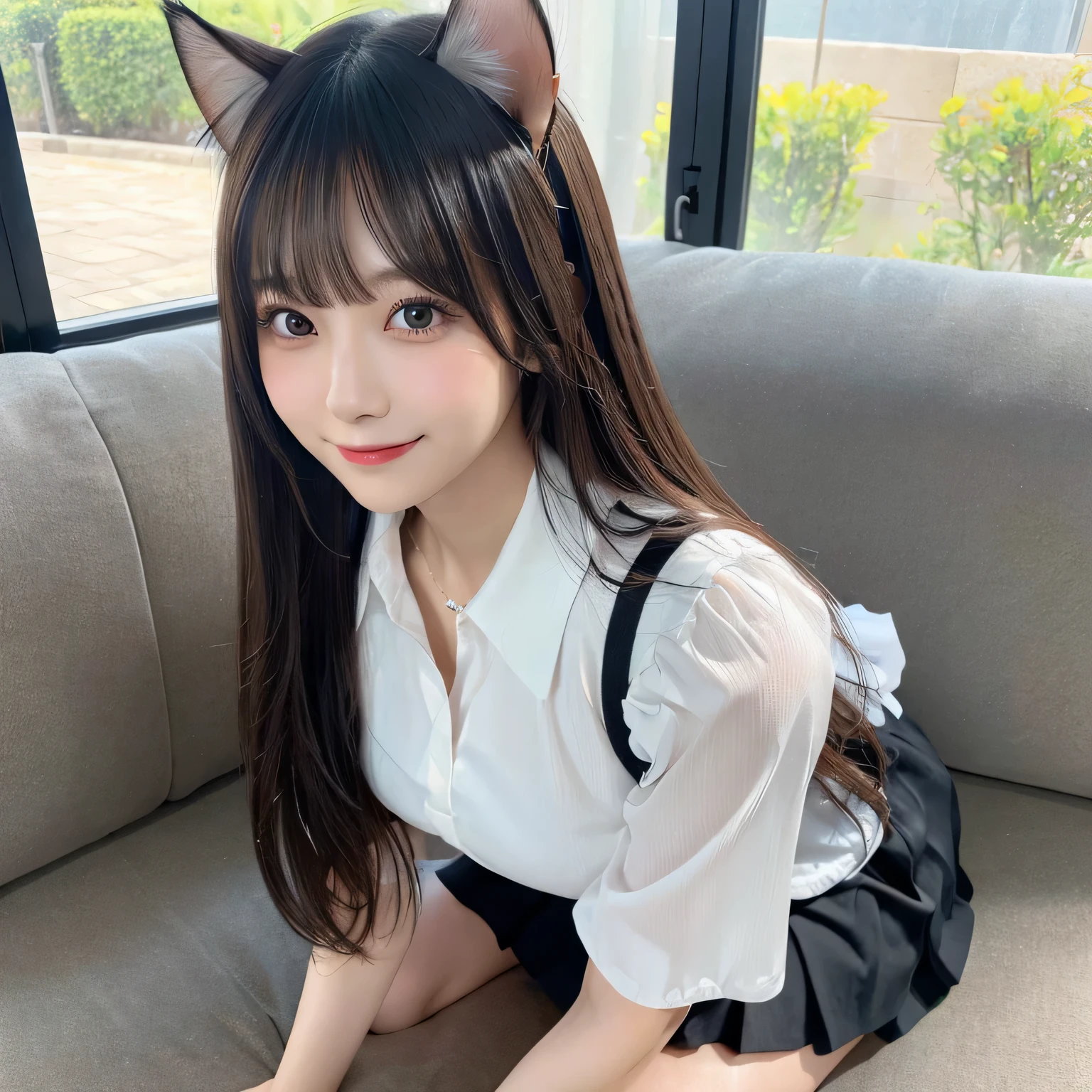 on the table, best quality, illustration, Super detailed, fine details, high resolution, 8k wallpaper, Perfect dynamic composition, Beautiful and delicate eyes,whole body摄影,show your whole body、collared shirt、mini skirt,thin and transparent、long gray hair, Bold sexy pose,Smile,Harajuku、20 year old girl、Eyeliner、beautiful bangs、hair between eyes、((masterpiece、top quality、Super detailed、movie light、intricate details、high resolution、Very detailed))、background for this、8 kood、digital SLR、soft light、high quality、film grain、富士XT3 、shallow view deep、natural soft light、Kamimei、See the knees, set on sofa,Look at the sexy shots of the lens、Above the legs、whole body、Vest、suit、 铅笔mini skirt、Holding a bouquet of flowers、side view,cat ears ,cat ears , wear tail, wear tail, wear tail,wear tail, wear tail