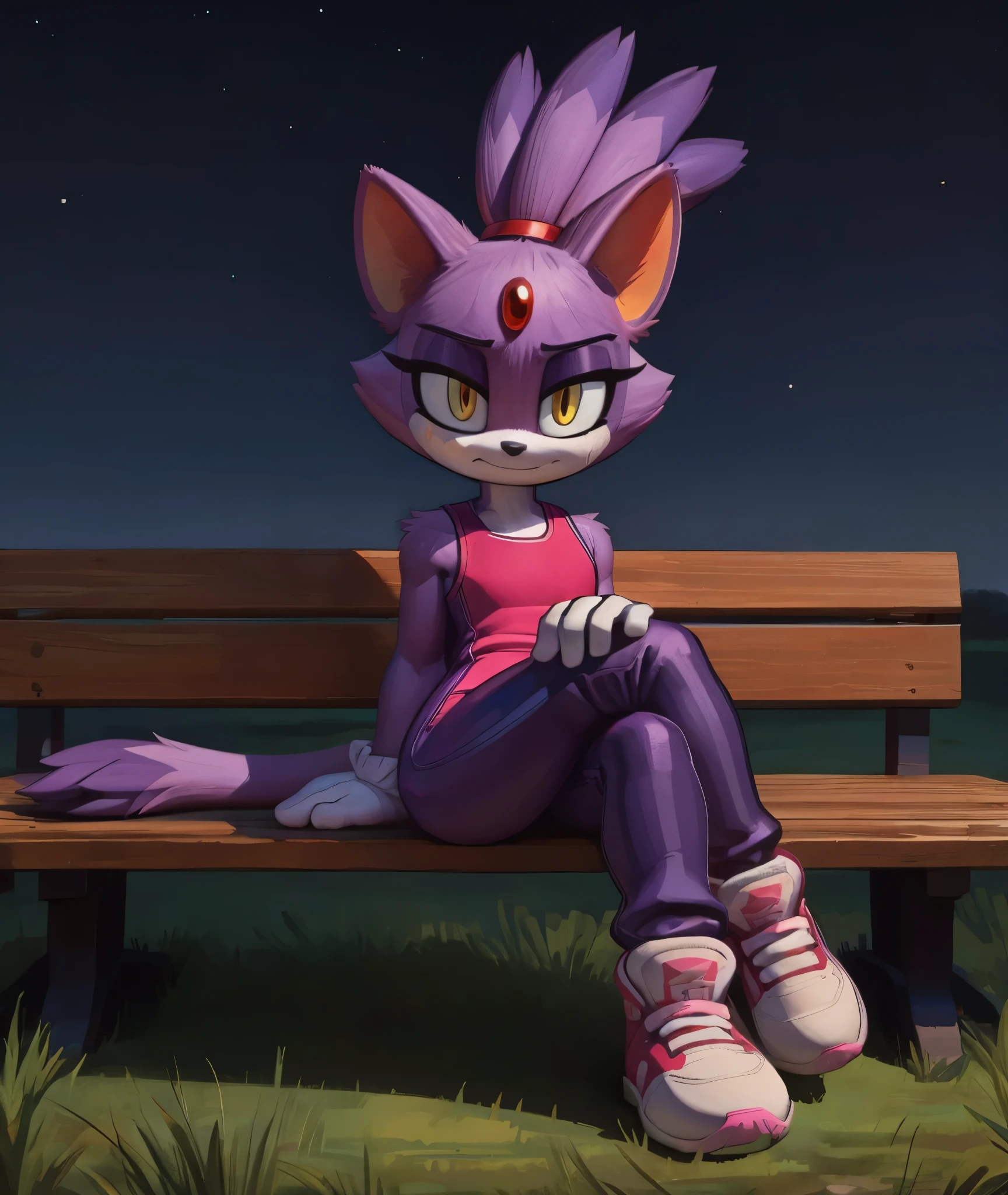 [Blaze the cat], [Uploaded to e621.net; (Pixelsketcher), (wamudraws)], ((masterpiece)), ((HD)), ((High res)), ((furry)), ((solo portrait)), ((front view)), ((full body)), ((feet visible)), ((detailed fur)), ((detailed shading)), ((cel shading)), ((beautiful render art)), ((intricate details)), {anthro, purple fur, black nose, cat ears, (cute yellow eyes), (red gem on forehead), long tail, (tied-up hair), (curvy hips), (beautiful legs), (sweating), (cute smirk), (embarrassed expression)}, {(tight sleeveless white yoga bodysuit), (white gloves), (red-pink sneakers)}, {(sitting on bench), (crossed legs), (looking at viewer)}, [background; (park), (grass plains), (street lights), (sunrise), (sun rays), (starry sky), (ambient lighting)]