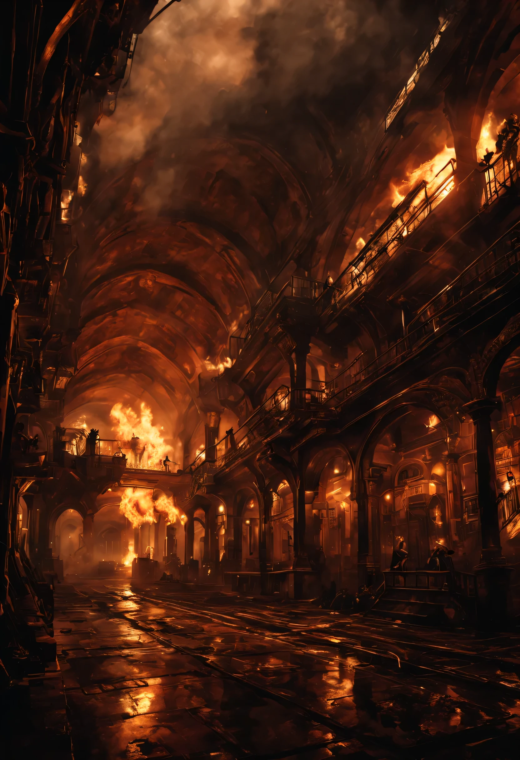 masterpiece, highest quality, steampunk underground city, Huge, high ceilings, cigarette, inflammation, hot, difficult, dim, noir,