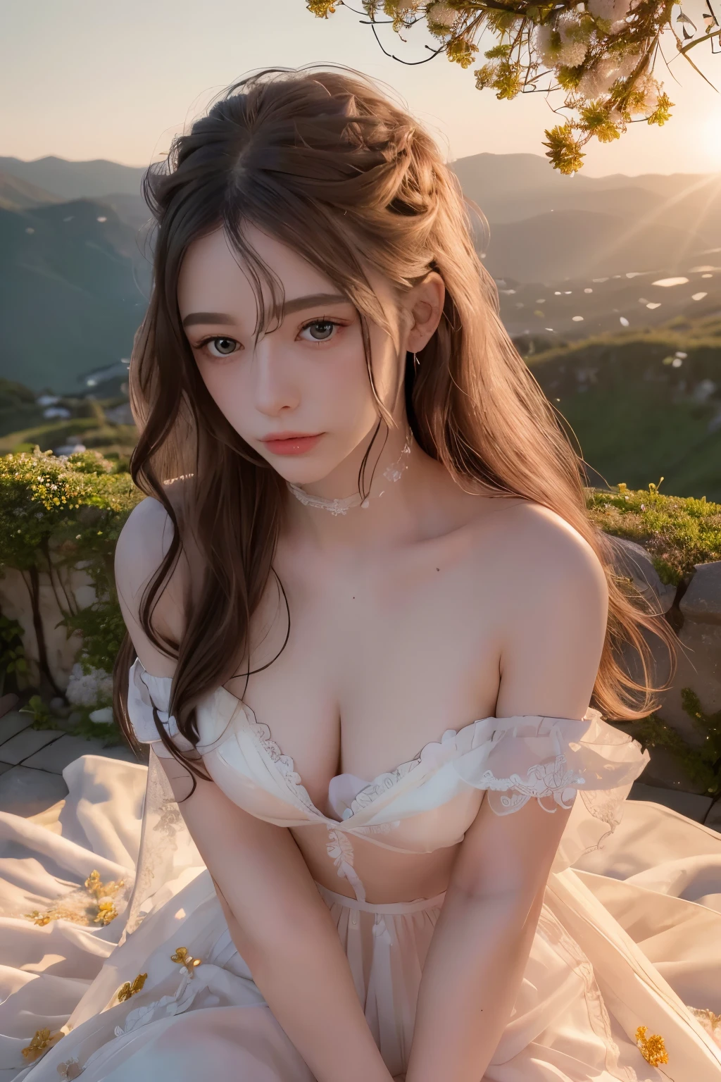 A beautiful woman stood atop a rocky outcropping, Her hair was swept up in loose curls that tumbled down her back, a subtle hint of makeup accentuated her high cheekbones, full lips, and flawless complexion. As she turned to face the camera, a soft smile played at the corners of her mouth, framing her delicate features and piercing blue eyes overlooking a breathtaking valley below. She wore a flowing wedding dress that billowed gently in the breeze ,the lace was delicately embroidered with tiny flowers and vines, while the hem was adorned with sparkling crystals that caught the light and glimmered like stars. In the foreground, a bed of wildflowers added a pop of color to the scene, with vibrant hues of pink, purple, and yellow. Bees buzzed lazily from blossom to blossom, collecting nectar in the golden light of the setting sun. The sun was setting behind the mountains, casting a warm orange glow across the vast landscape.