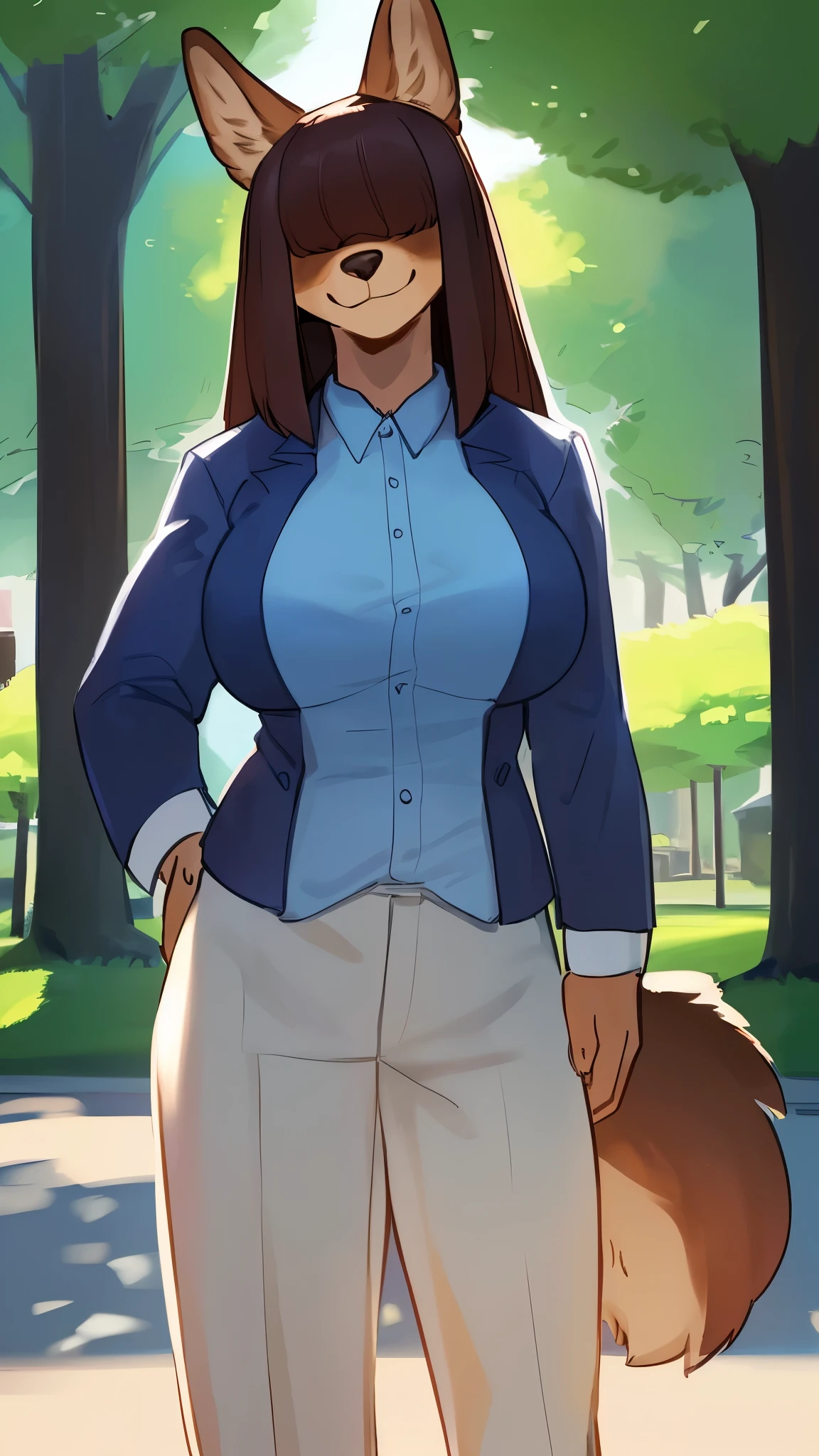 By bebebebebe, by lostgoose, by goonie-san, female, ((canine, snout, hair covering eyes, straight hair, medium hair, flat hair, ears, thin snout)), brown fur, (big poofy tail, raised tail), dark maroon hair, (muscular), big breasts, solo, blue blazer, white button up shirt, black dress pants, holy light, rim lighting, hands on hips, standing, park, smiling, smirking, charismatic, ((looking at viewer))