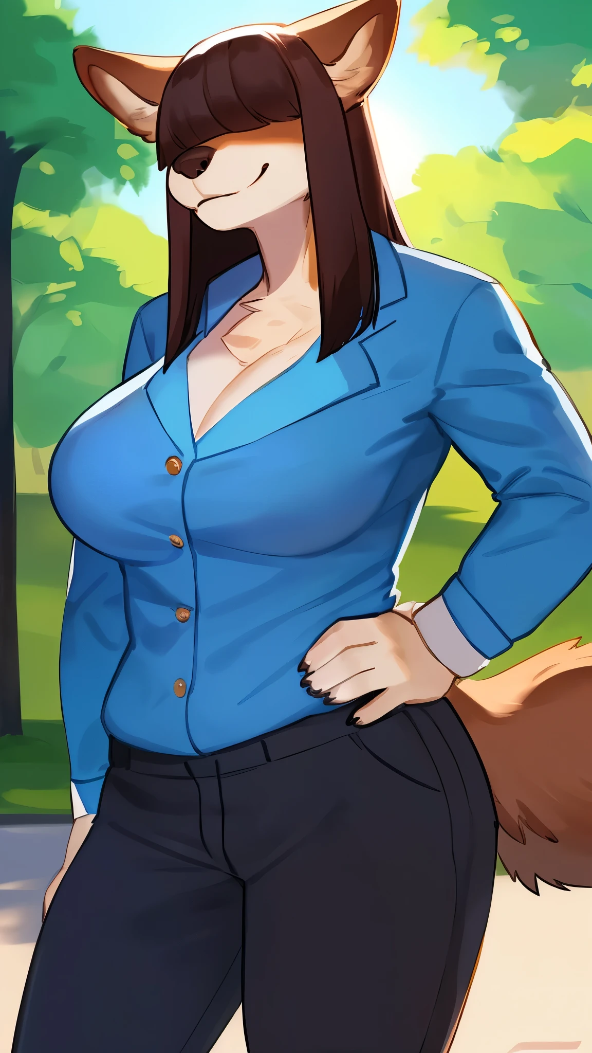 By bebebebebe, by lostgoose, by goonie-san, female, ((canine, snout, hair covering eyes, straight hair, medium hair, flat hair, ears, thin snout)), brown fur, (big poofy tail, raised tail), dark maroon hair, (muscular), , solo, blue blazer, white button up shirt, black dress pants, holy light, rim lighting, hands on , standing, park, smiling, smirking, charismatic, ((looking at viewer))